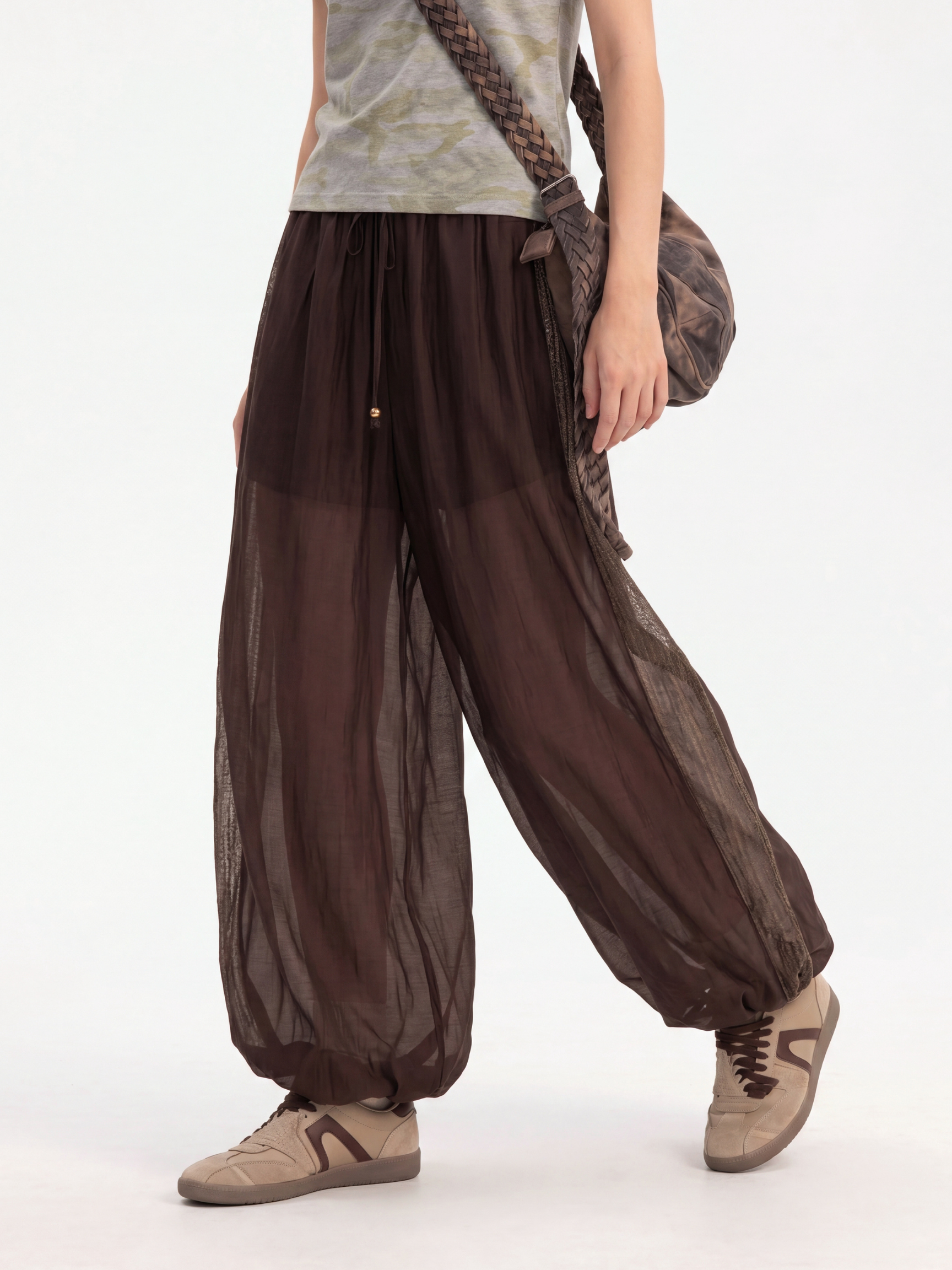 BirchWisp - Women's Lace Panel Drawstring Waist Balloon Pants
