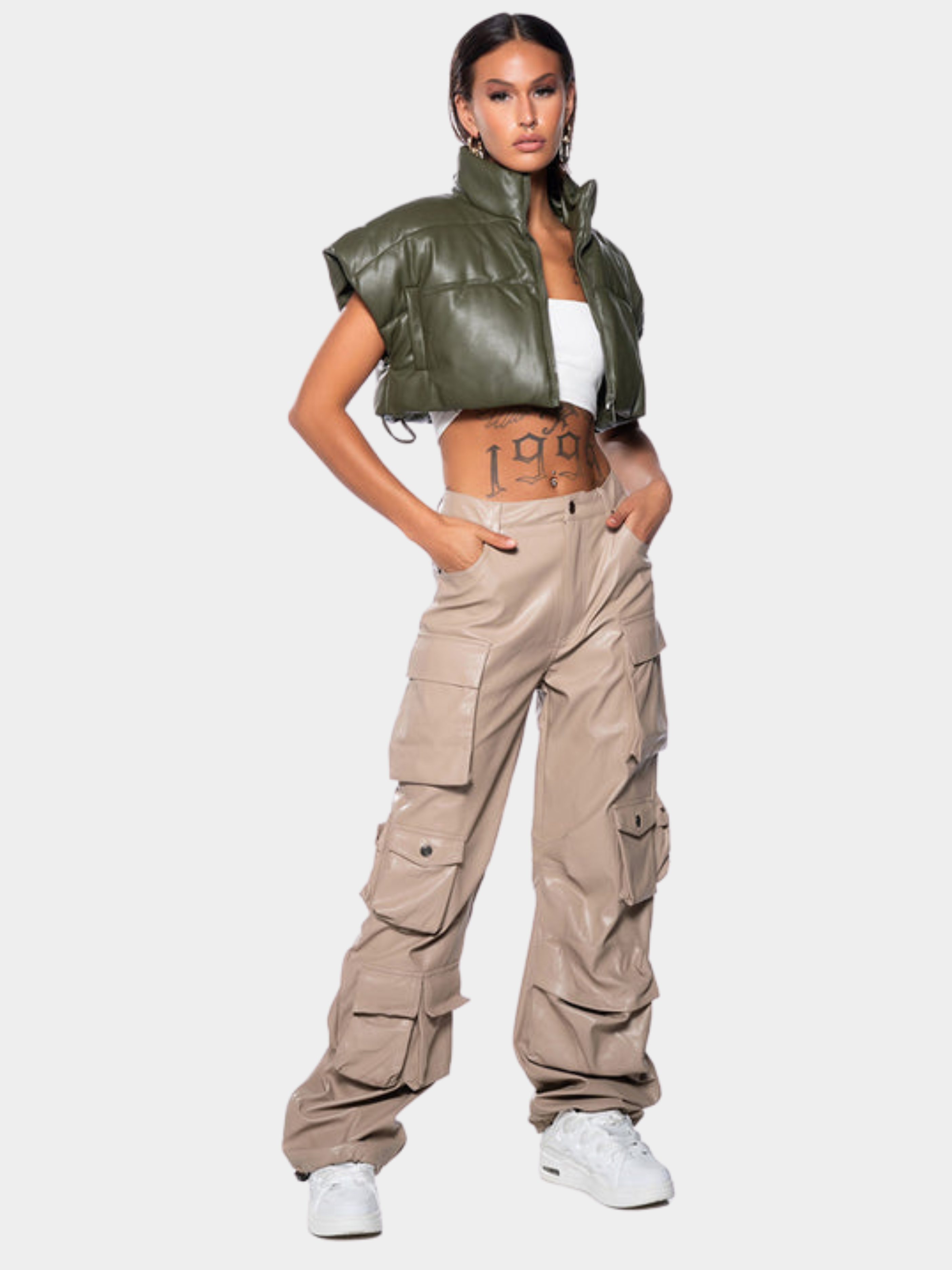 Snowscape - Women's Duck Down Padded Leather-Look Stand Collar Vest