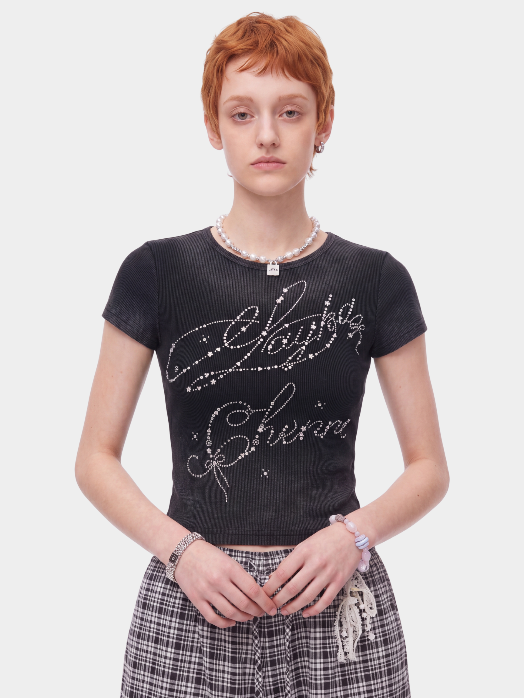 GlitzTee - Women's Gradient Washed Rhinestone Letter Crew Neck Top