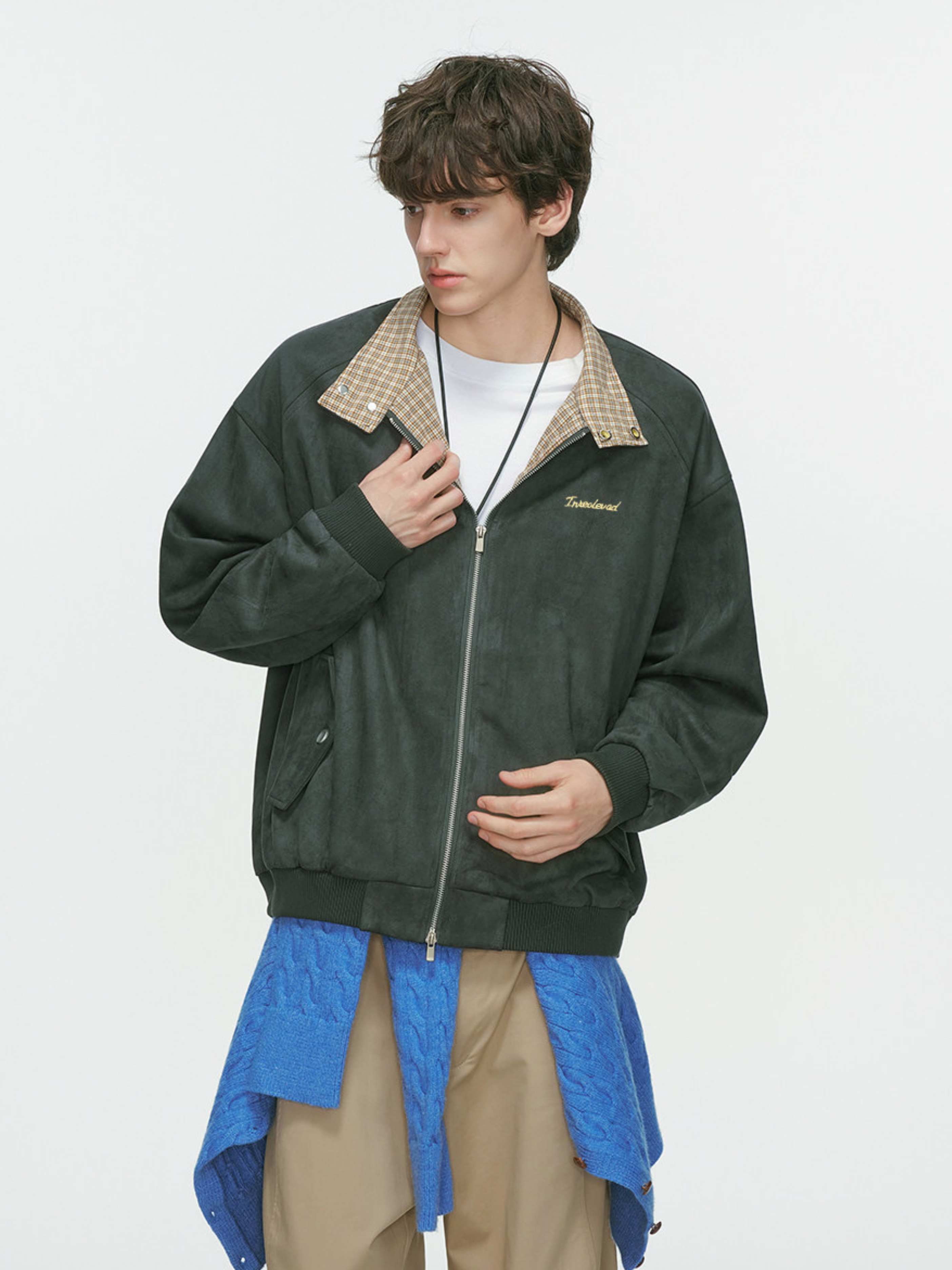 Cougarsong - Men's Check Panel Faux Suede Jacket
