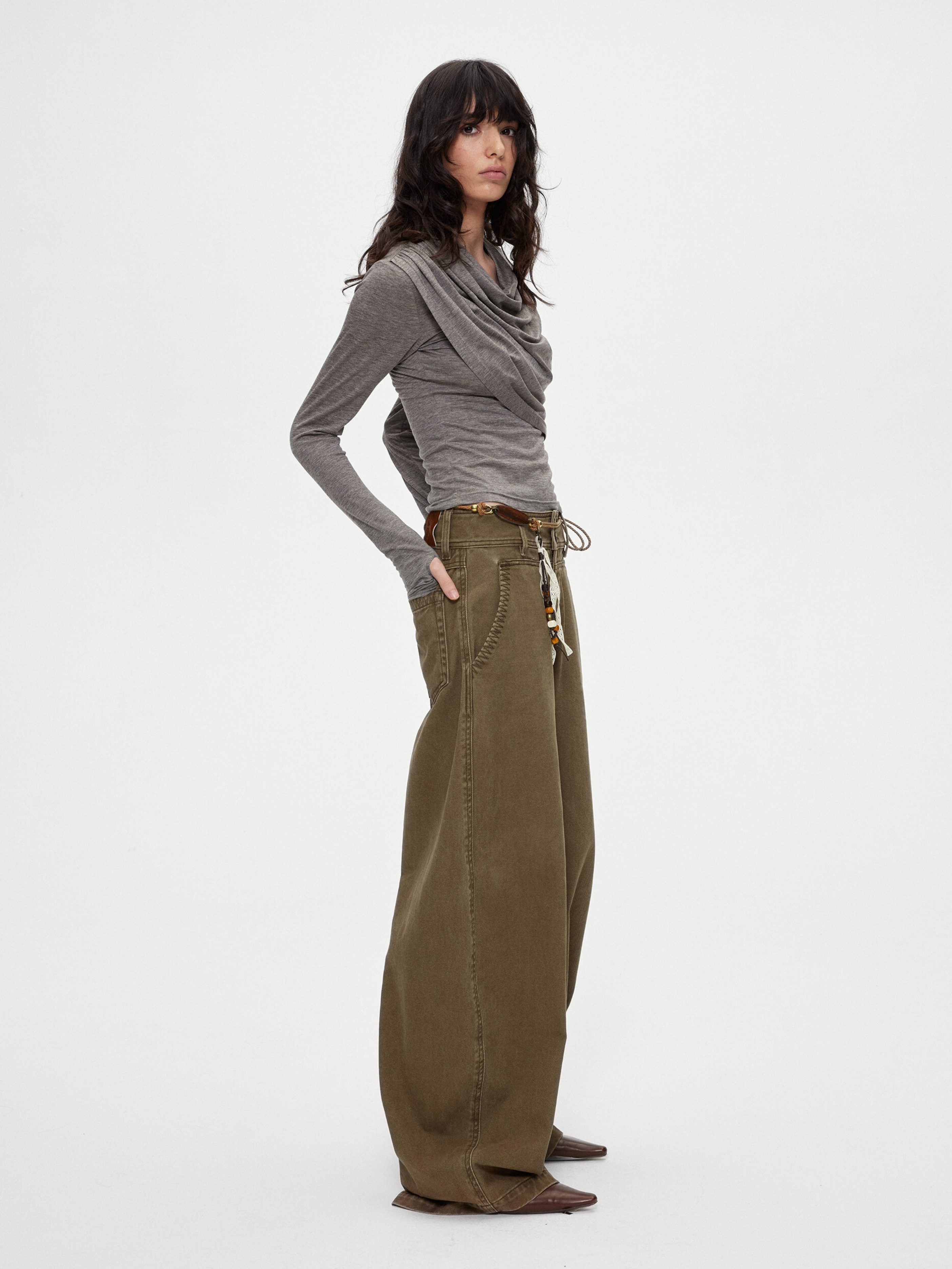 Ashgap - Women's Dual-Button Twill Cotton Curved-Leg Pants