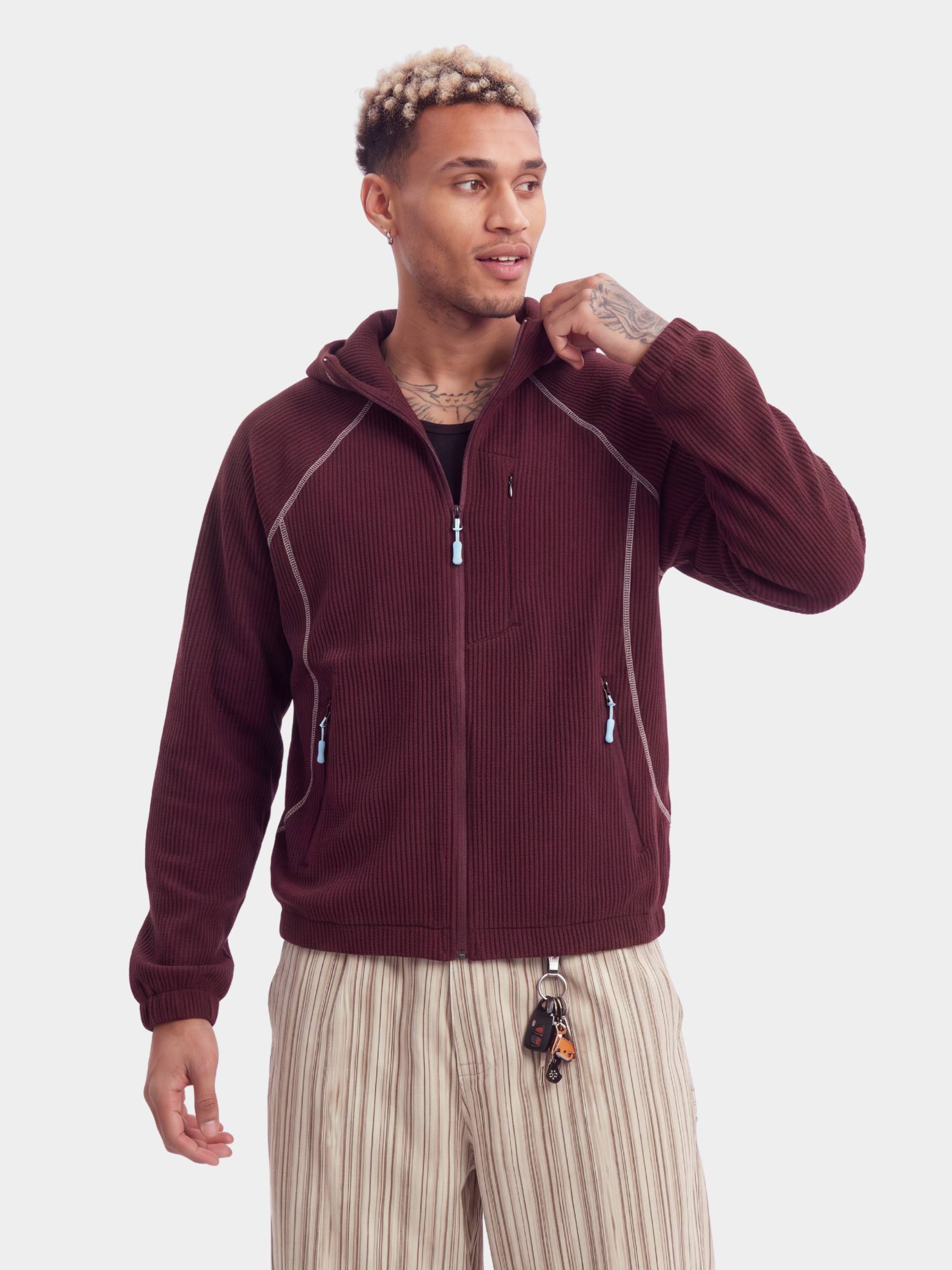 SplitVeil - Unisex Waffle Texture Contrast Stitch Zip-Up Jacket