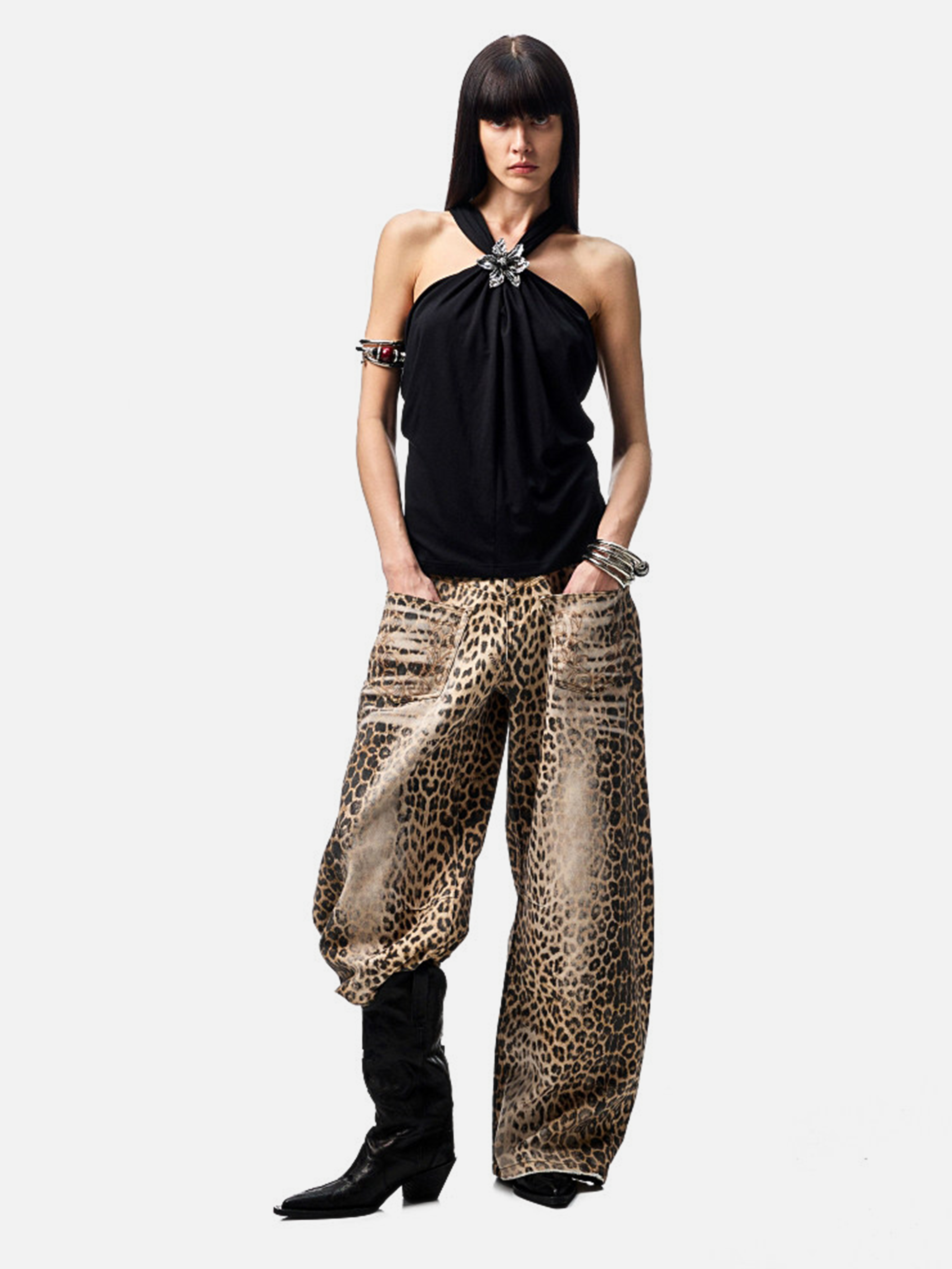 Nightflare - Women's Washed Leopard Print Canvas Barrel-Leg Pants