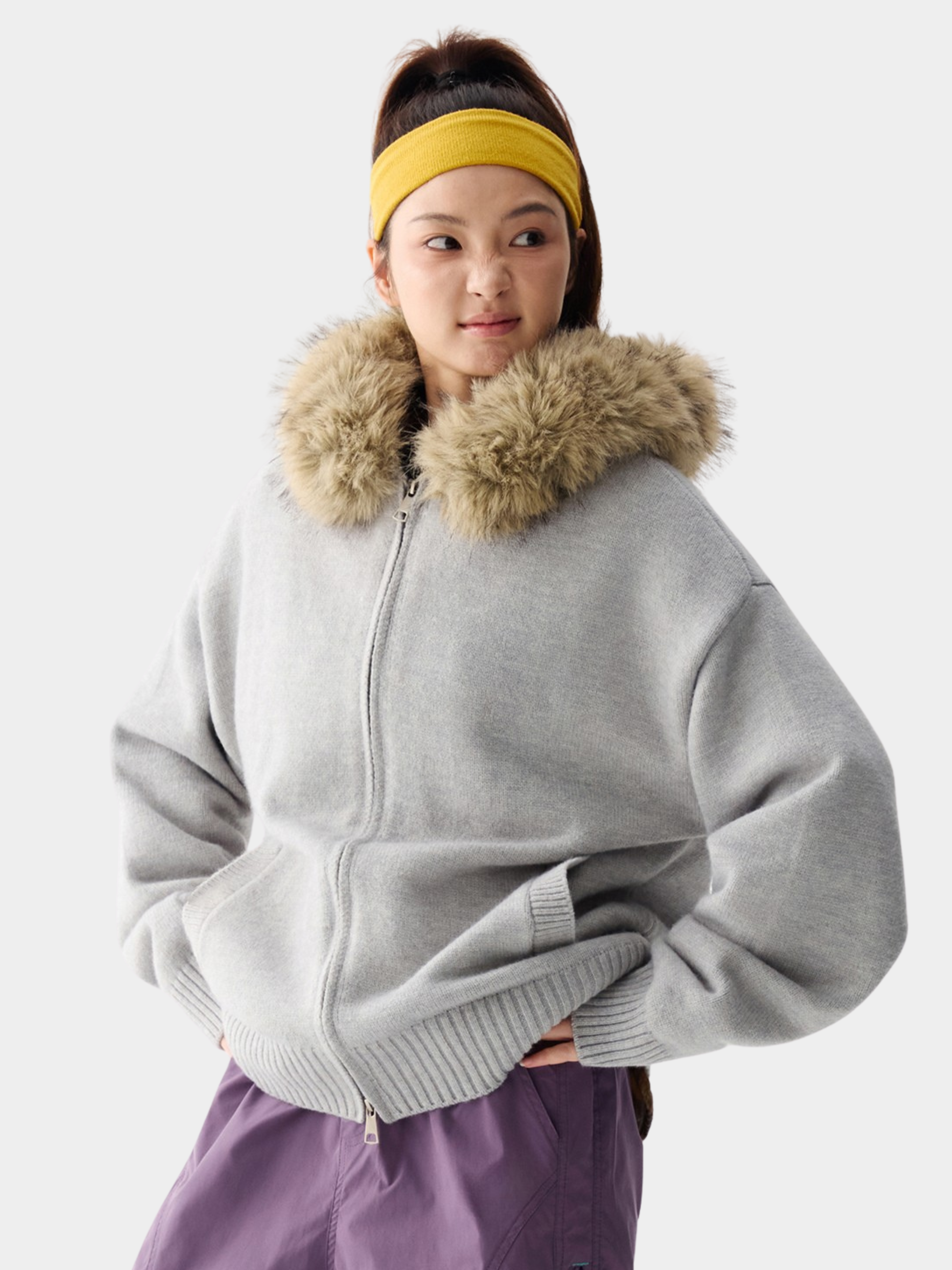 EchoPath - Unisex Solid Color Double Zipper Fur Collar Cardigan Jacket