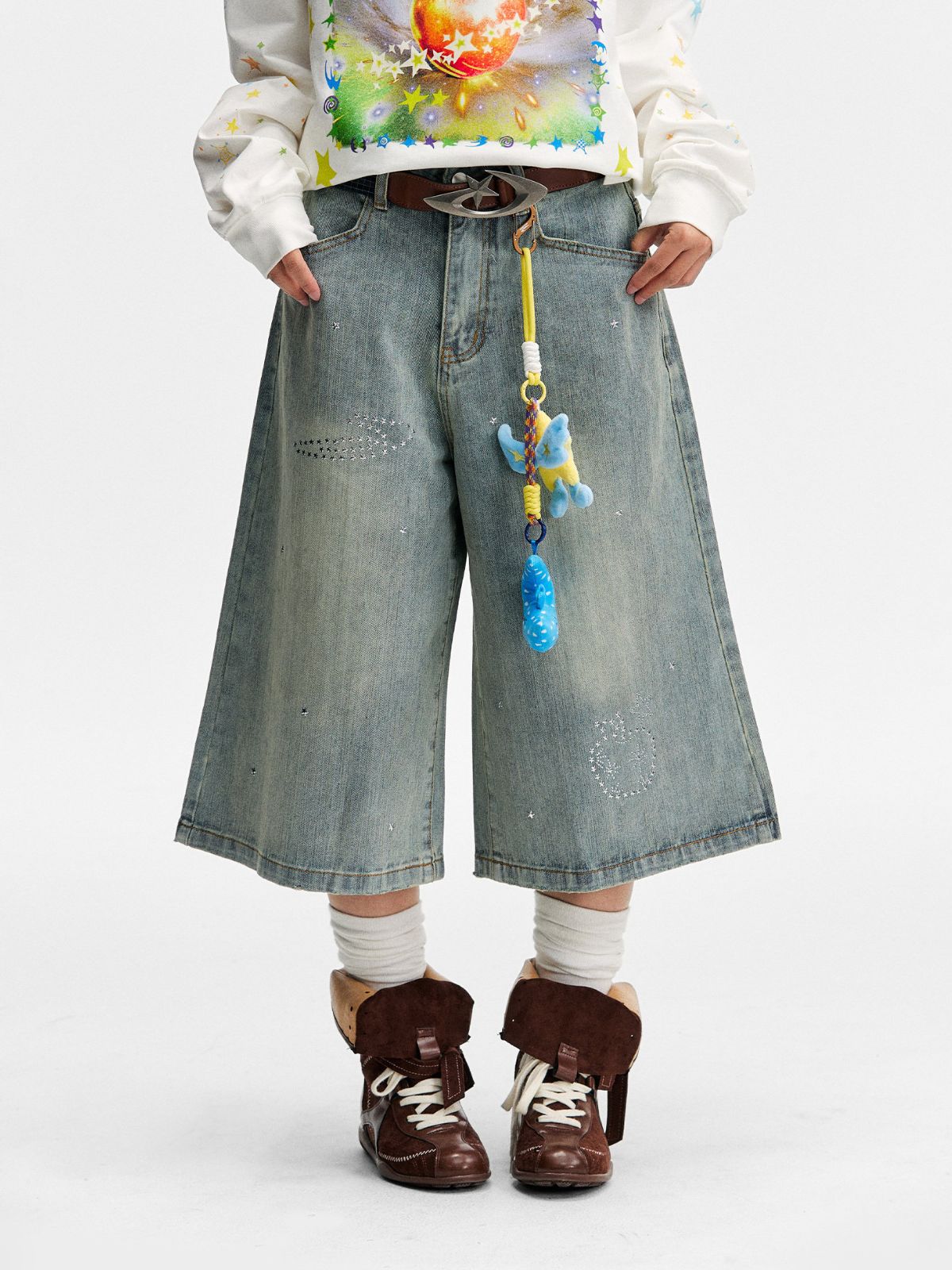 Mudcrack - Breathable Rhinestone Star Washed Denim Jeans