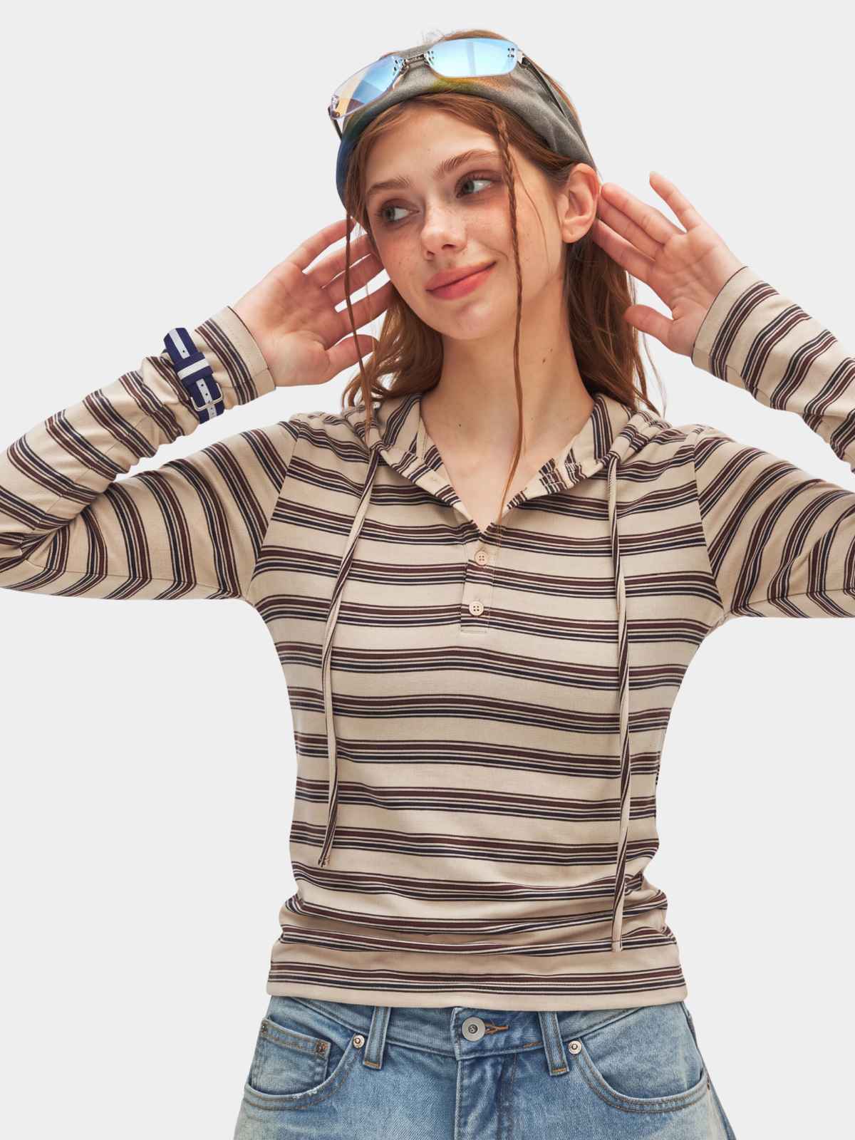 HueDrift - Women's Striped Slim Fit Hooded Base Layer Top