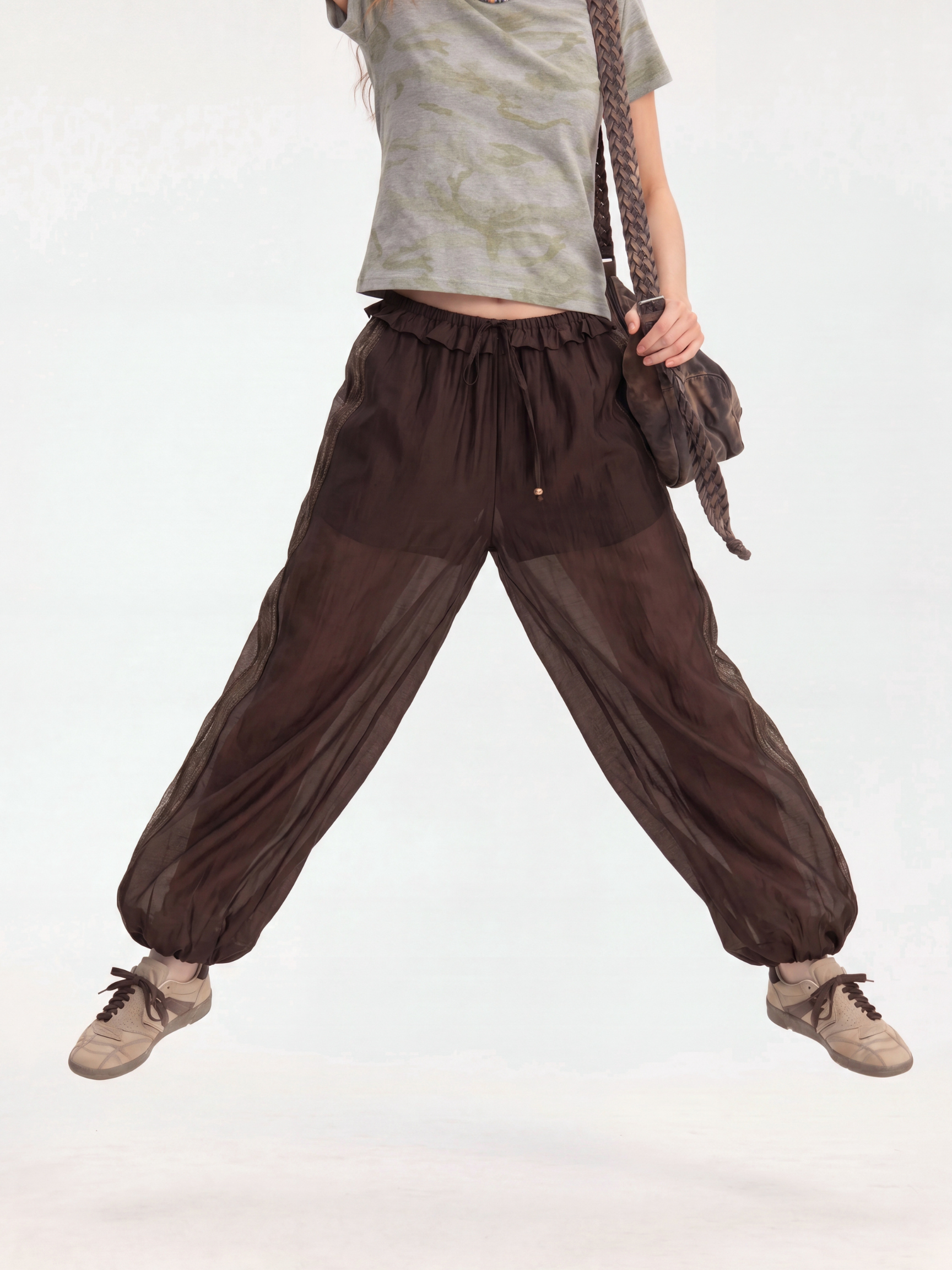 BirchWisp - Women's Lace Panel Drawstring Waist Balloon Pants