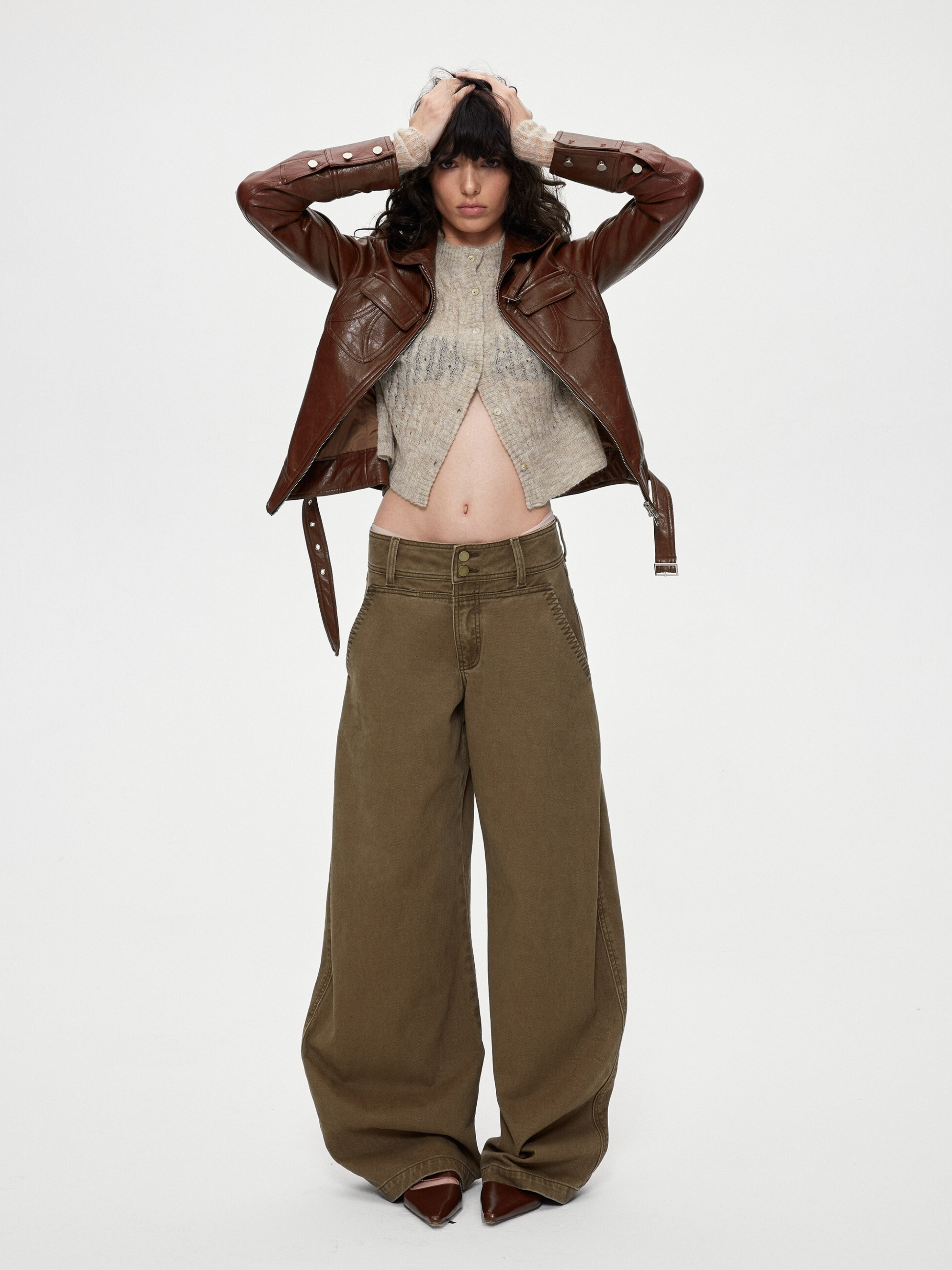 Ashgap - Women's Dual-Button Twill Cotton Curved-Leg Pants