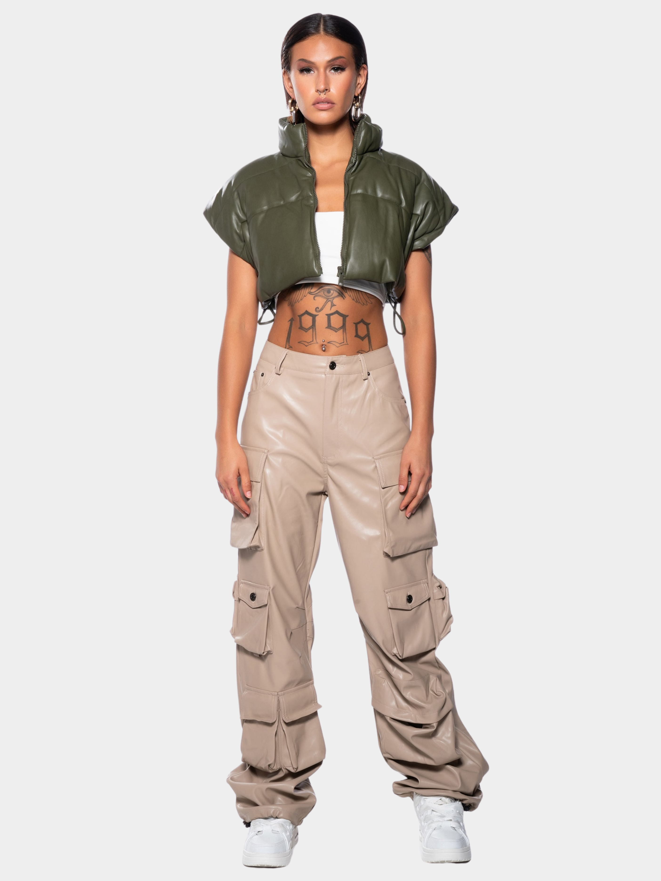 Snowscape - Women's Duck Down Padded Leather-Look Stand Collar Vest
