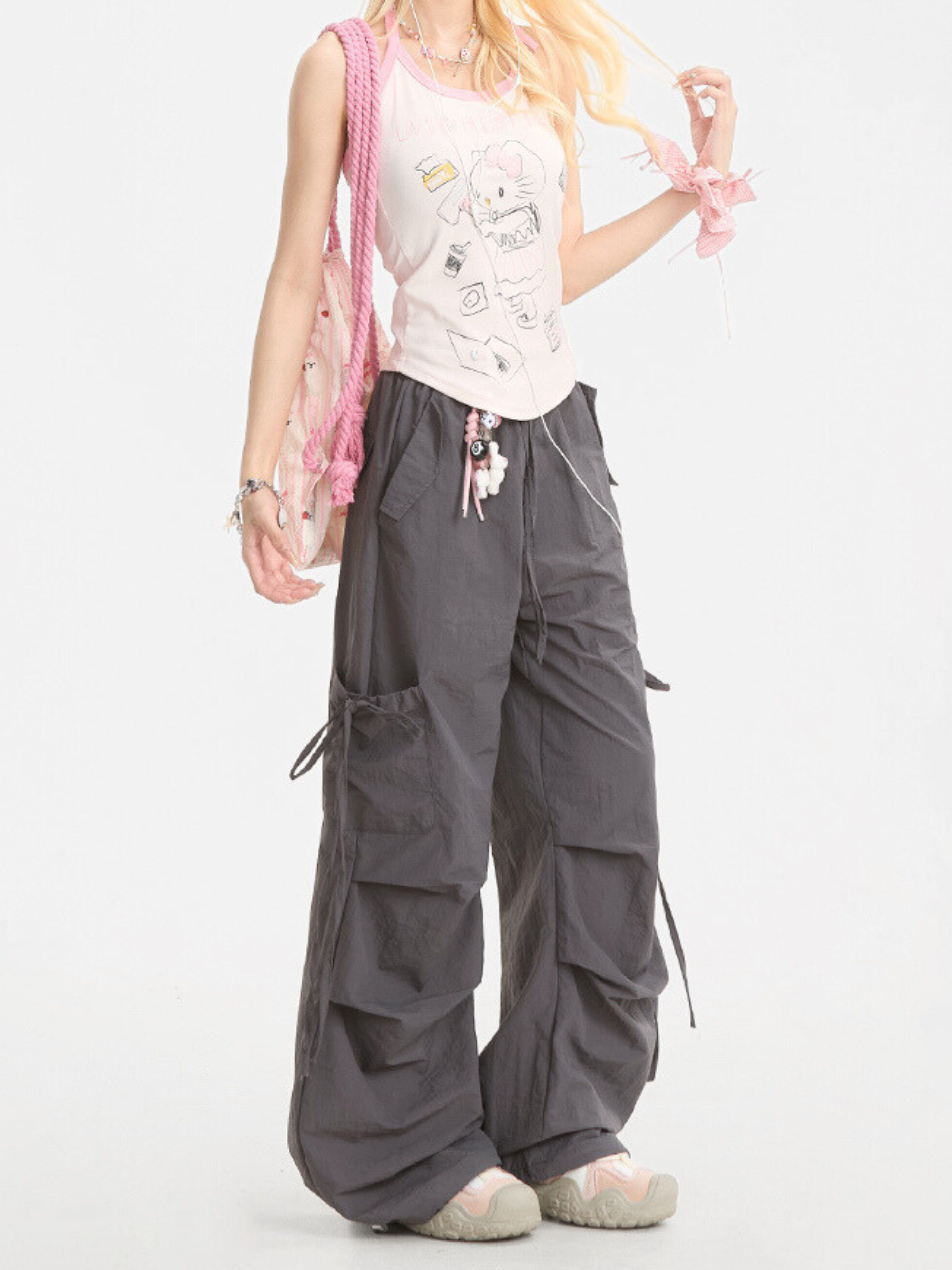 Aquarun - Women's Bow-Tie Strap Pleated Cargo Pants