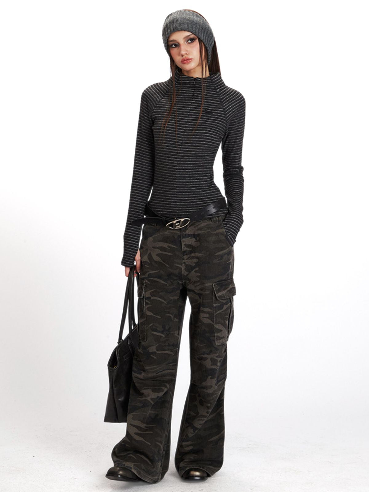 Cavebend - Women's Striped Stand-Collar Slim-Fit Long-Sleeve