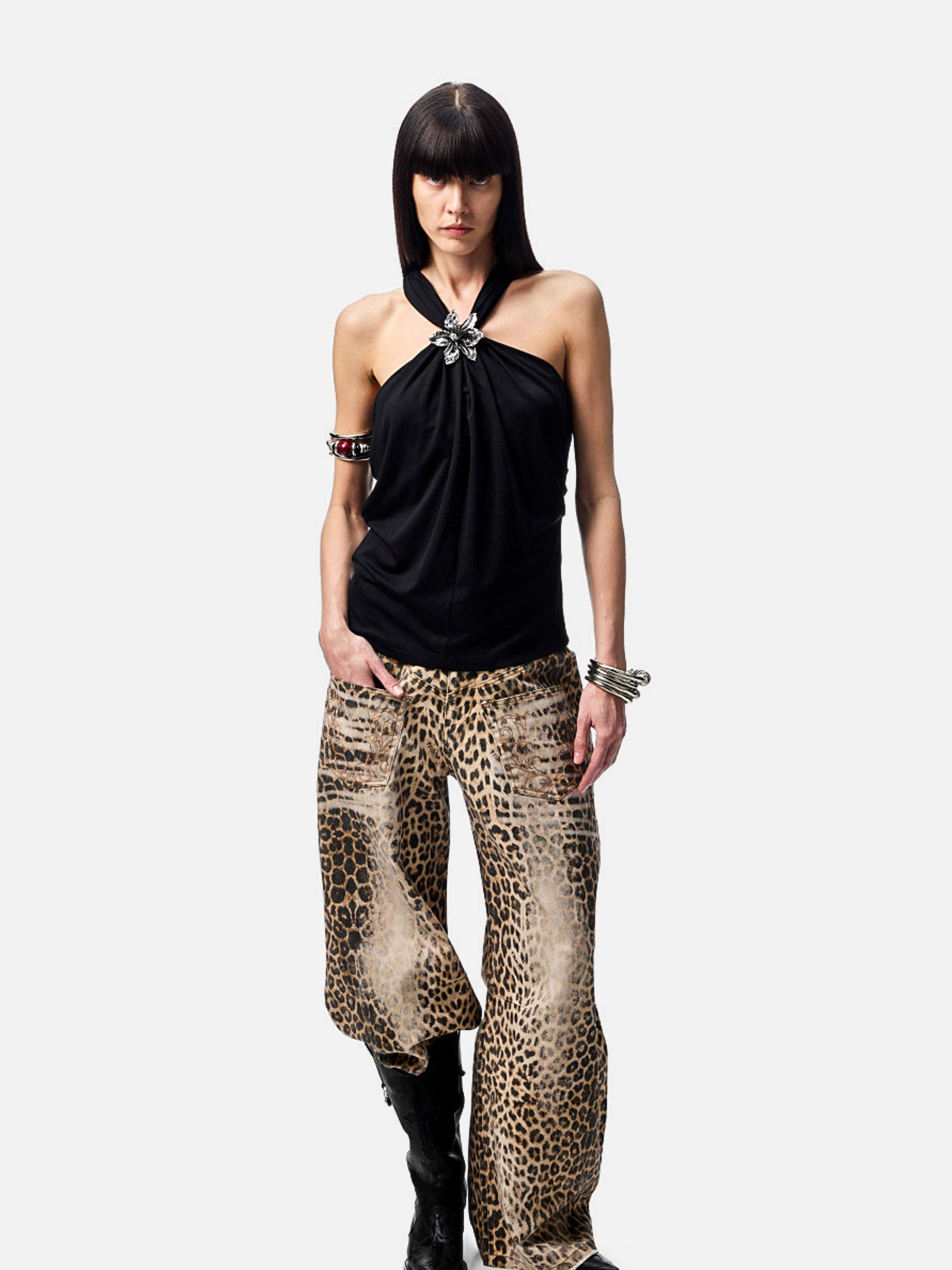 Nightflare - Women's Washed Leopard Print Canvas Barrel-Leg Pants