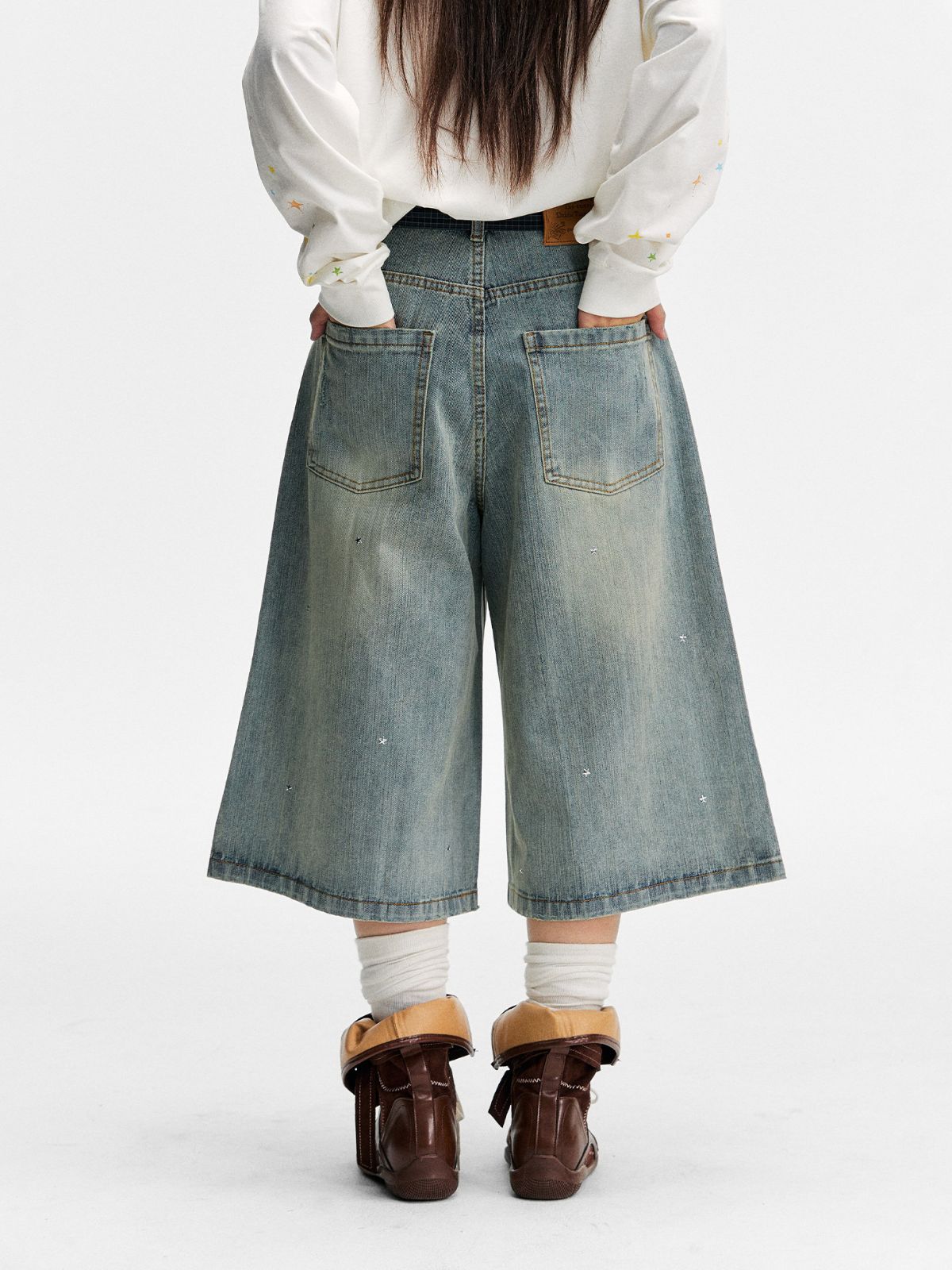 Mudcrack - Breathable Rhinestone Star Washed Denim Jeans