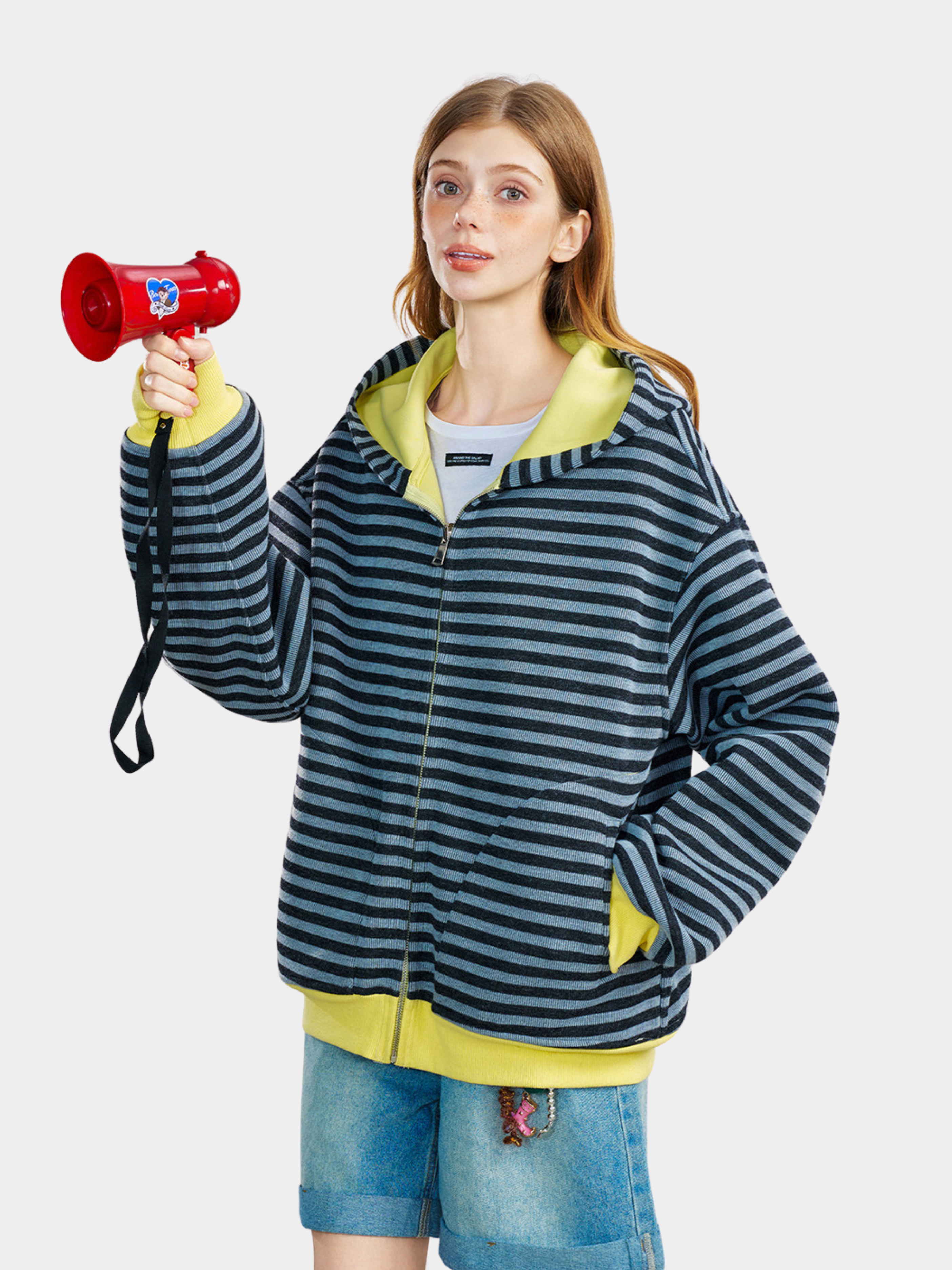 Ashrise - Unisex Striped Color-Block Hooded Zip-Up Sweatshirt