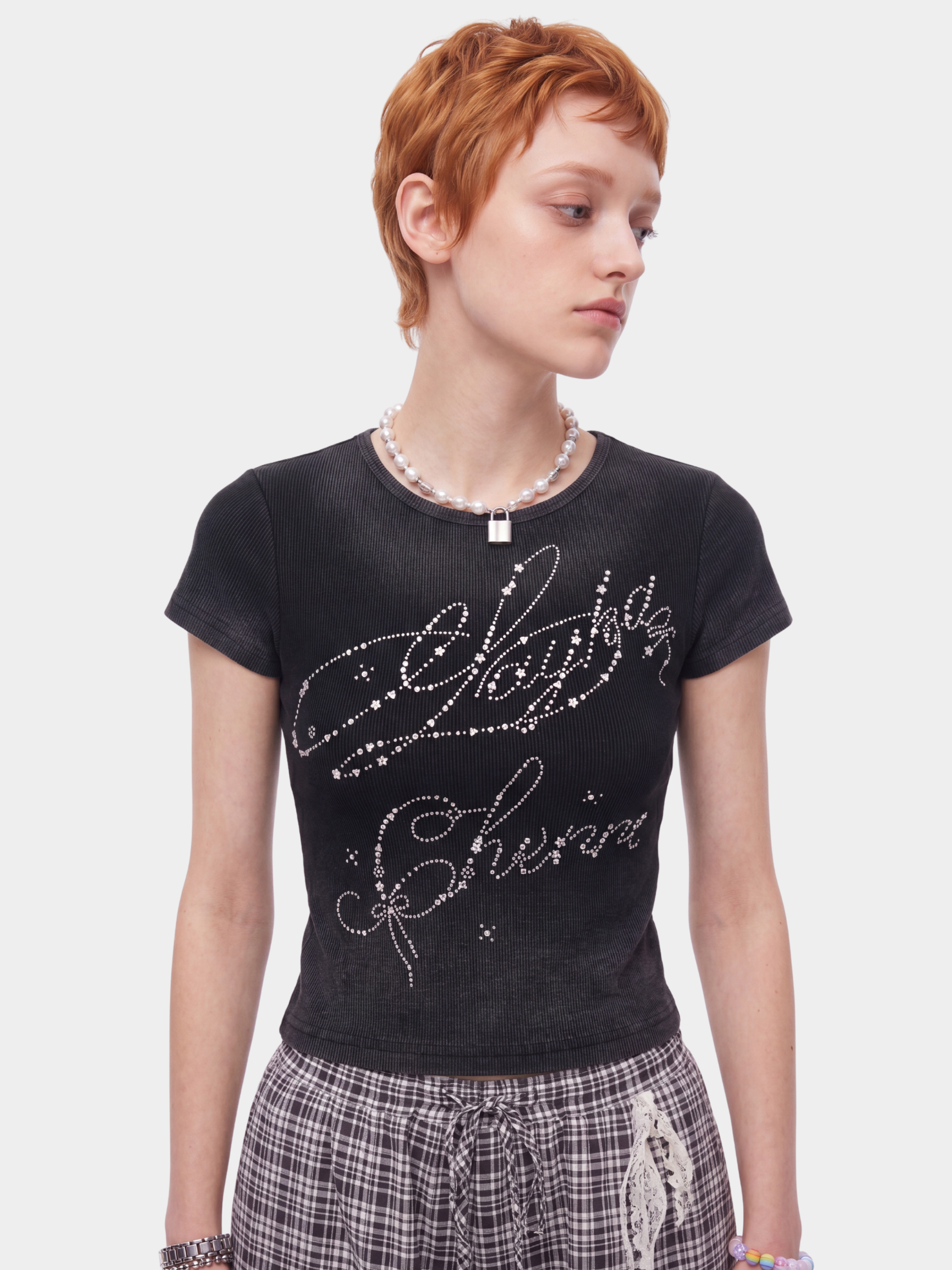 GlitzTee - Women's Gradient Washed Rhinestone Letter Crew Neck Top