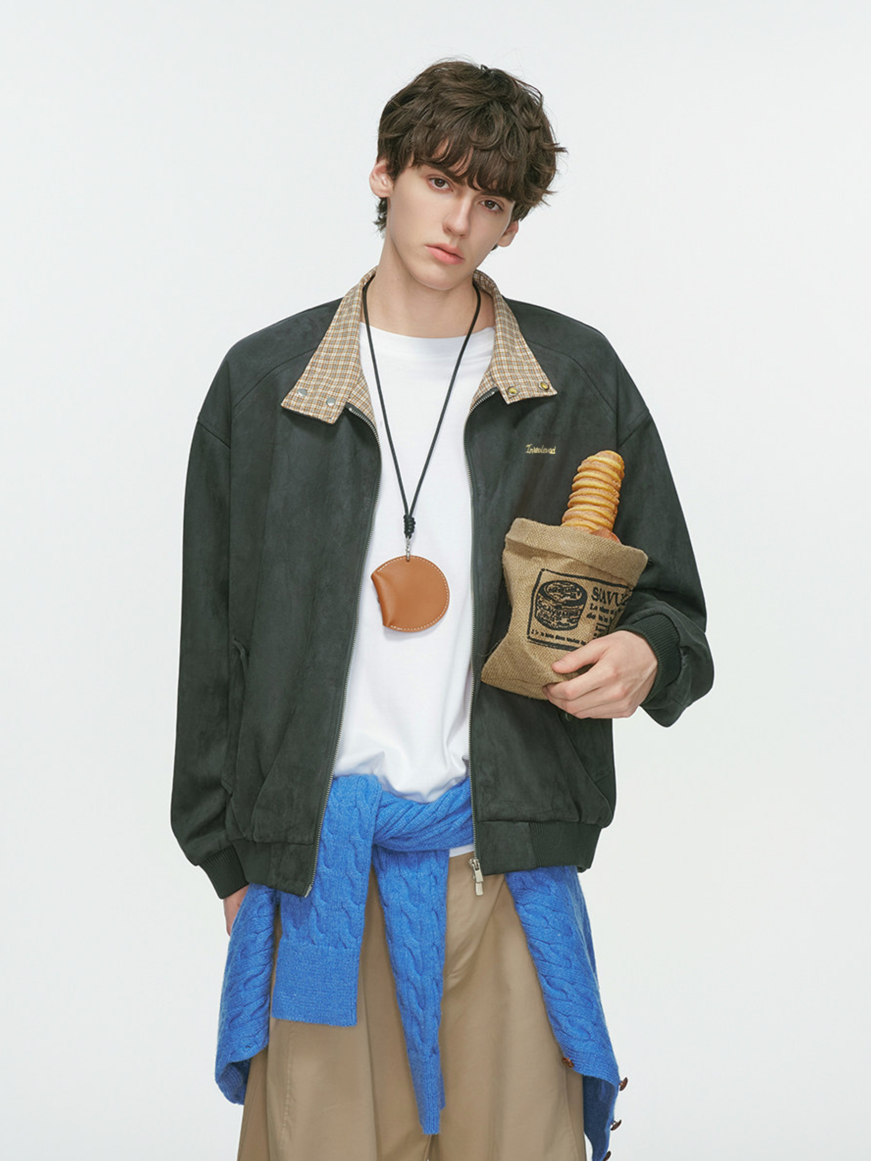 Cougarsong - Men's Check Panel Faux Suede Jacket