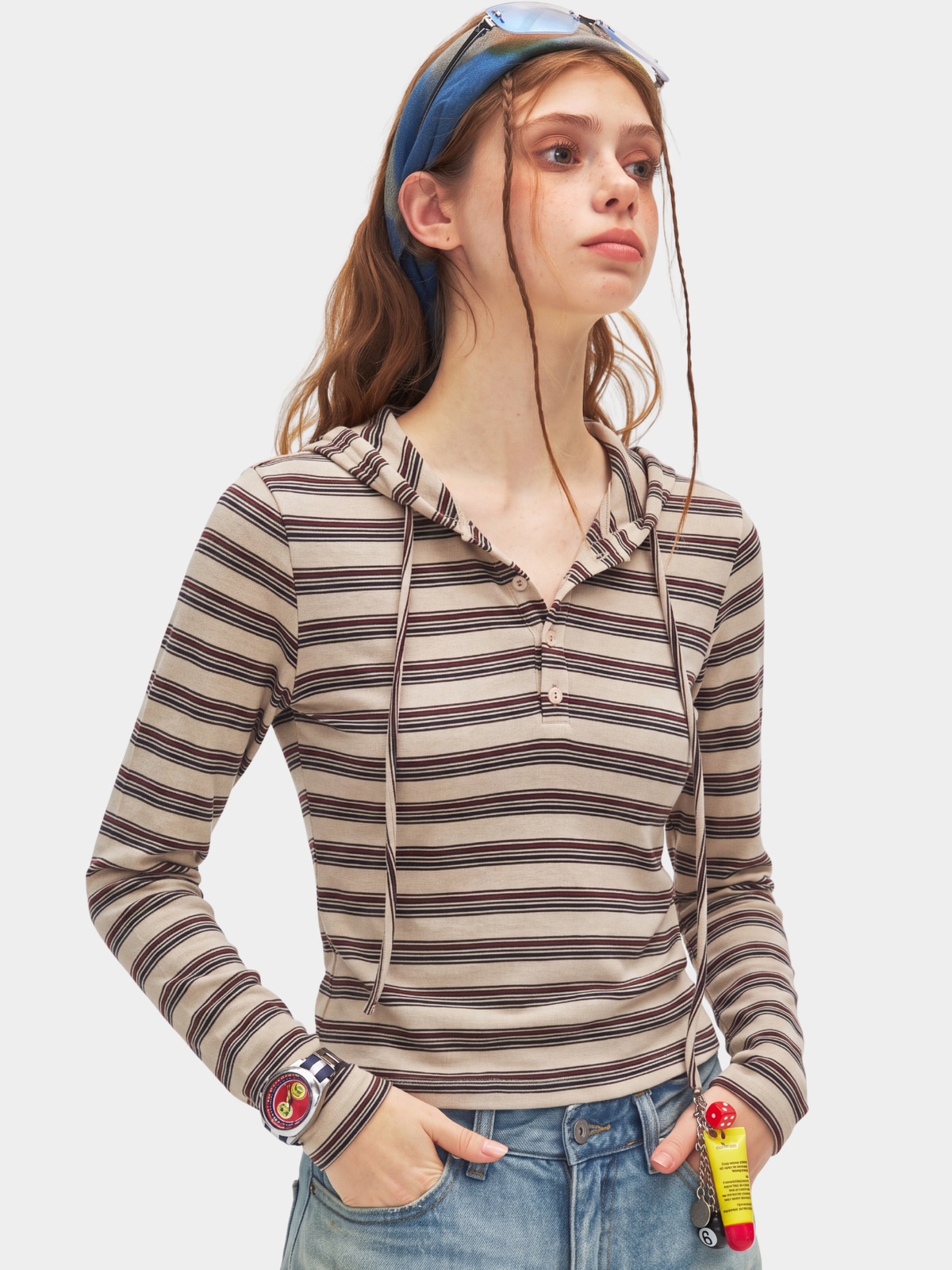 HueDrift - Women's Striped Slim Fit Hooded Base Layer Top