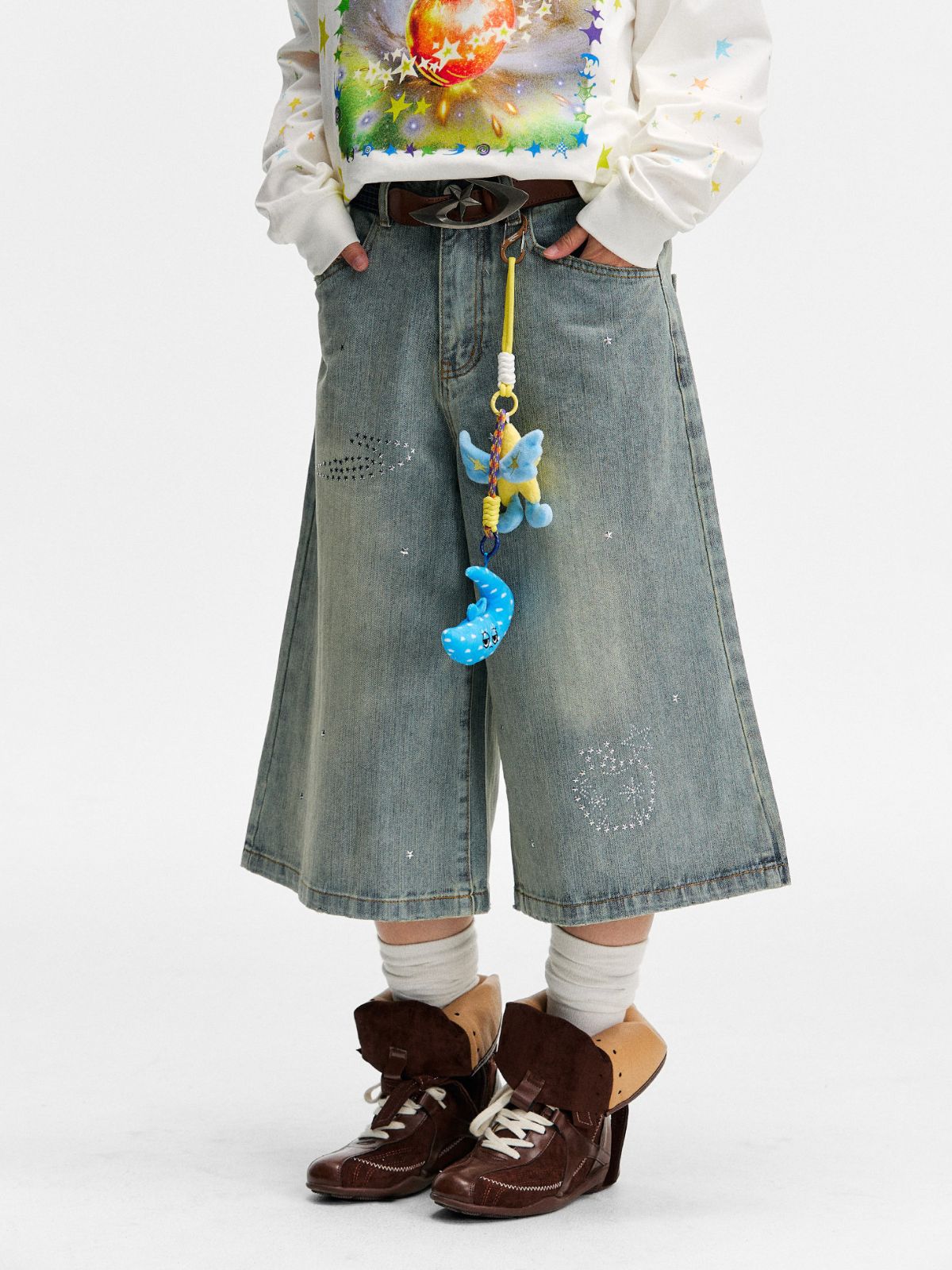 Mudcrack - Unisex Breathable Rhinestone Star Washed Denim Jeans