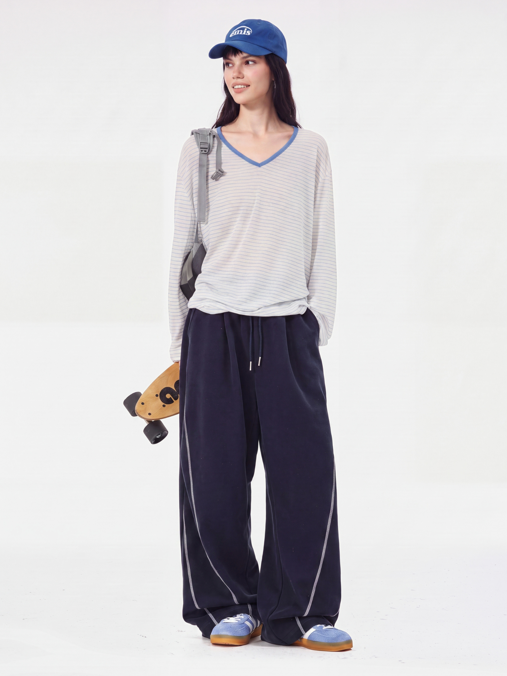 TraceSway - Women's Contrast Stitch Wide-Leg Pants