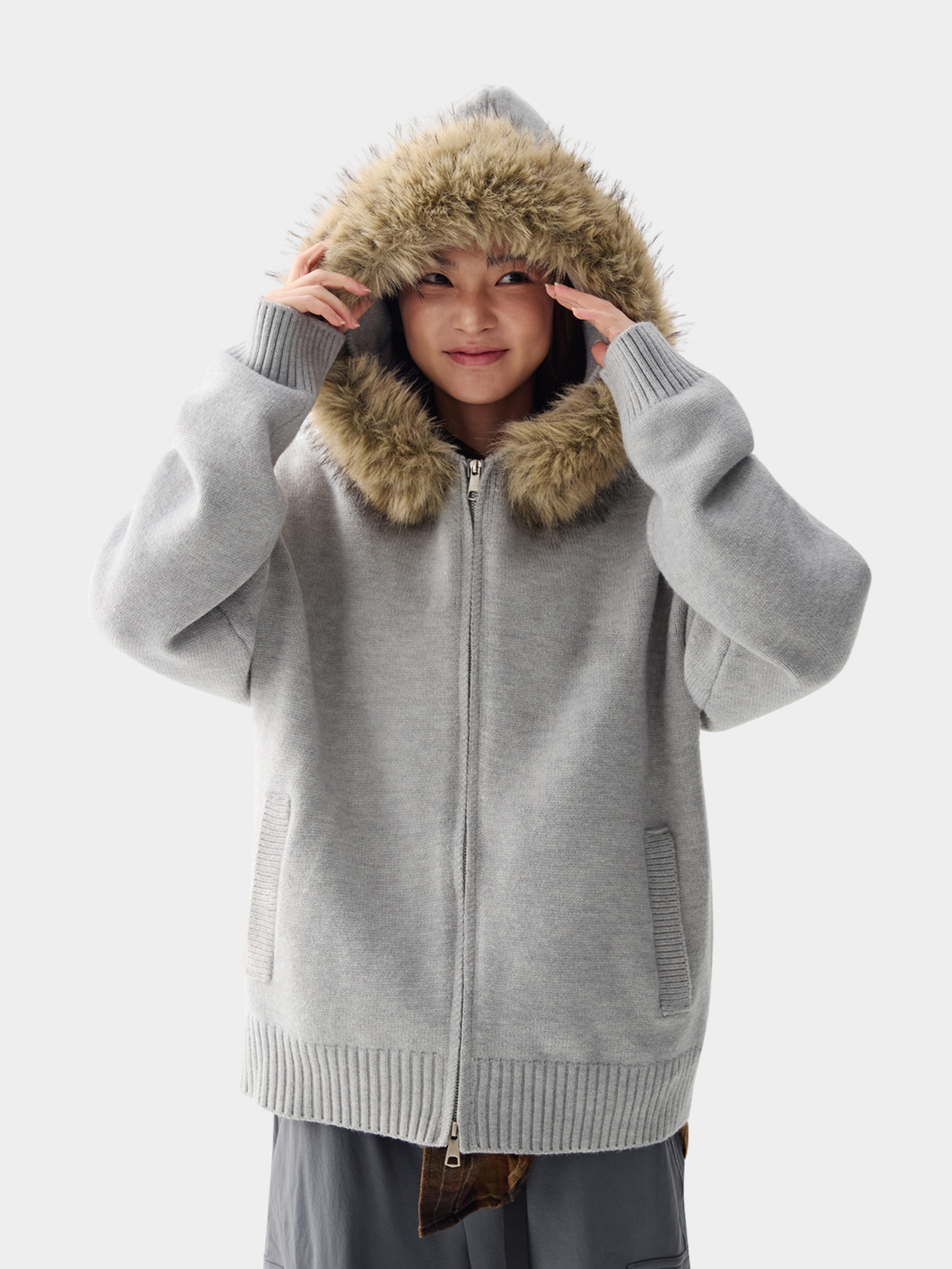 EchoPath - Unisex Solid Color Double Zipper Fur Collar Cardigan Jacket