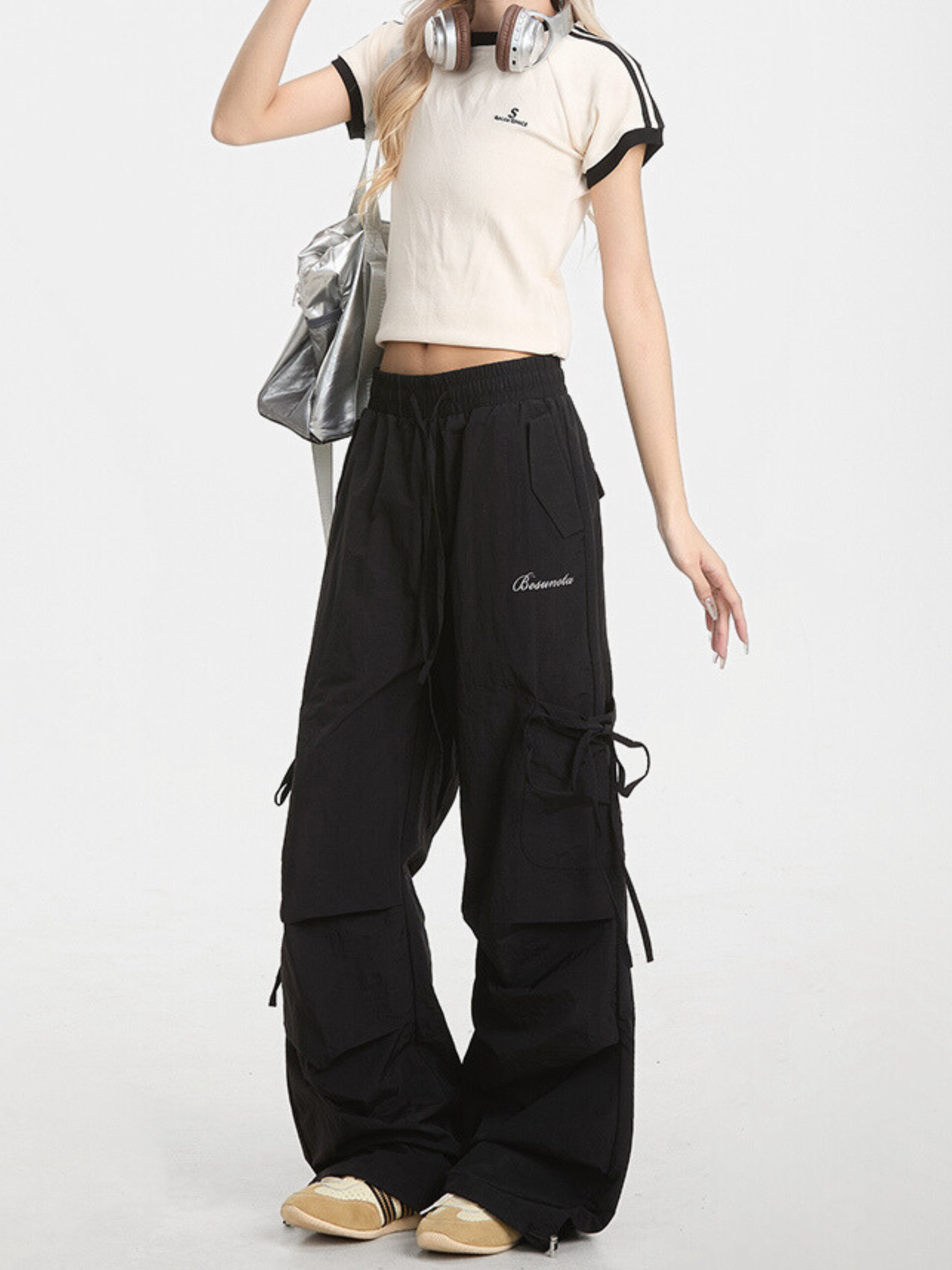 Aquarun - Women's Bow-Tie Strap Pleated Cargo Pants