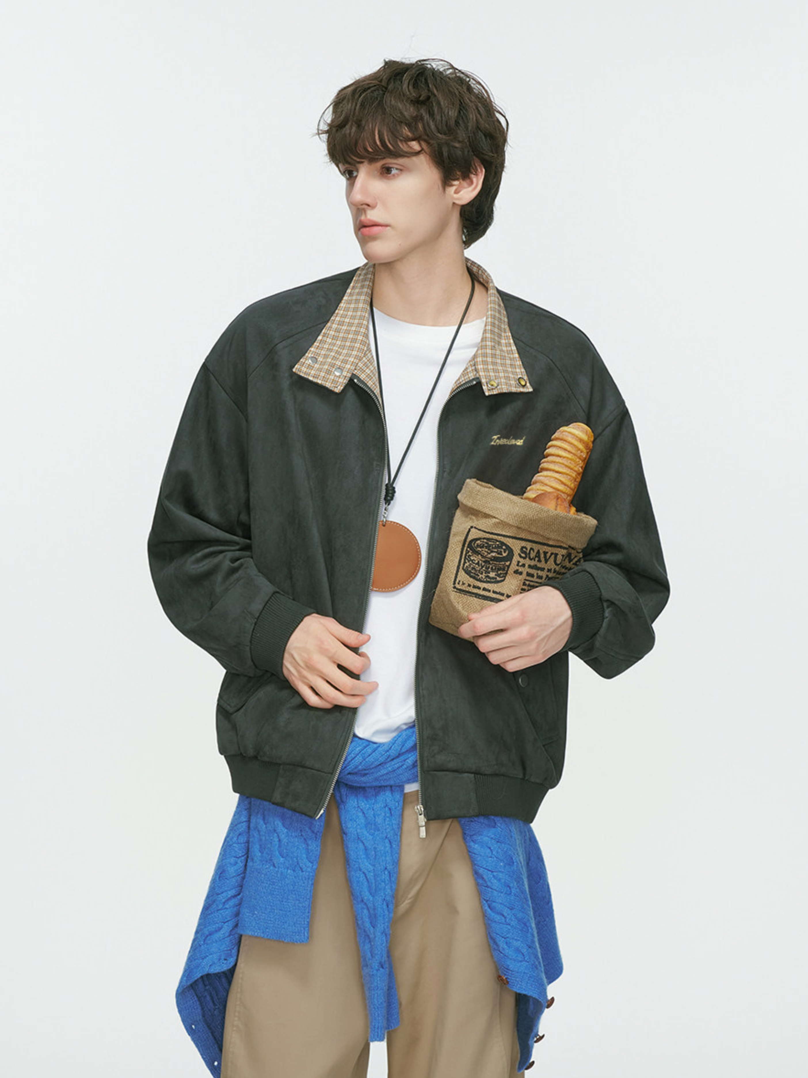 Cougarsong - Men's Check Panel Faux Suede Jacket