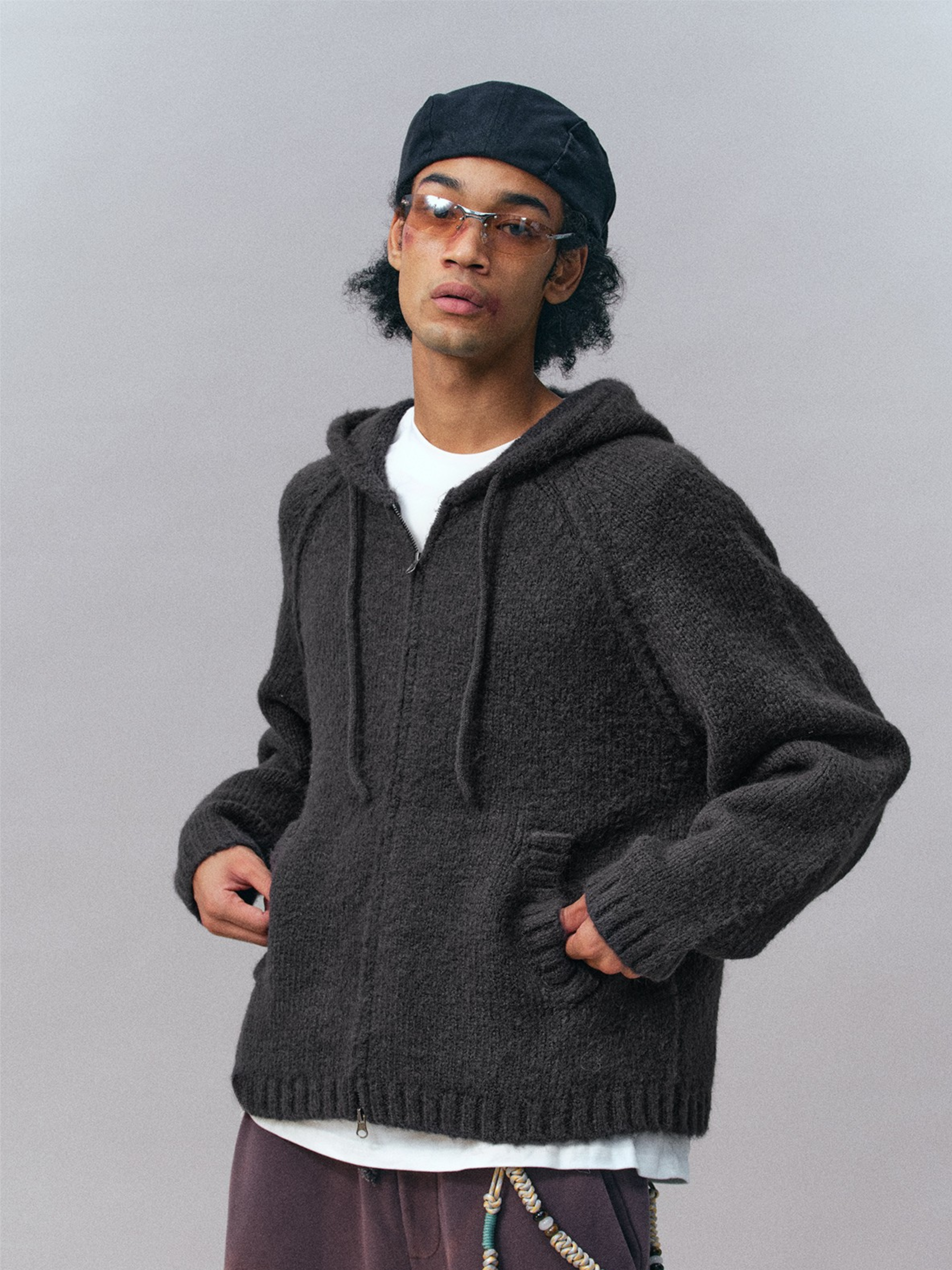 Ravensoul - Unisex Loose-Fit Zip-Up Hooded Knit Sweater