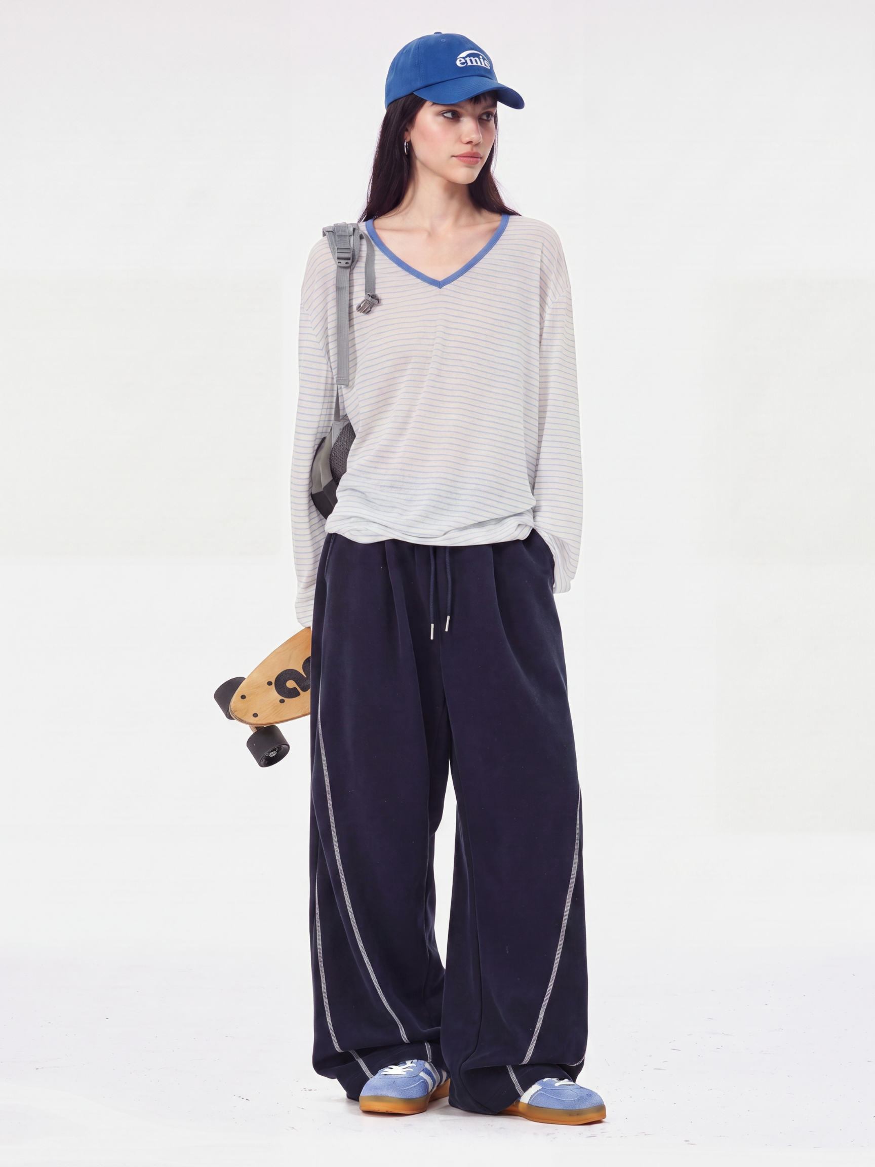 TraceSway - Women's Contrast Stitch Wide-Leg Pants