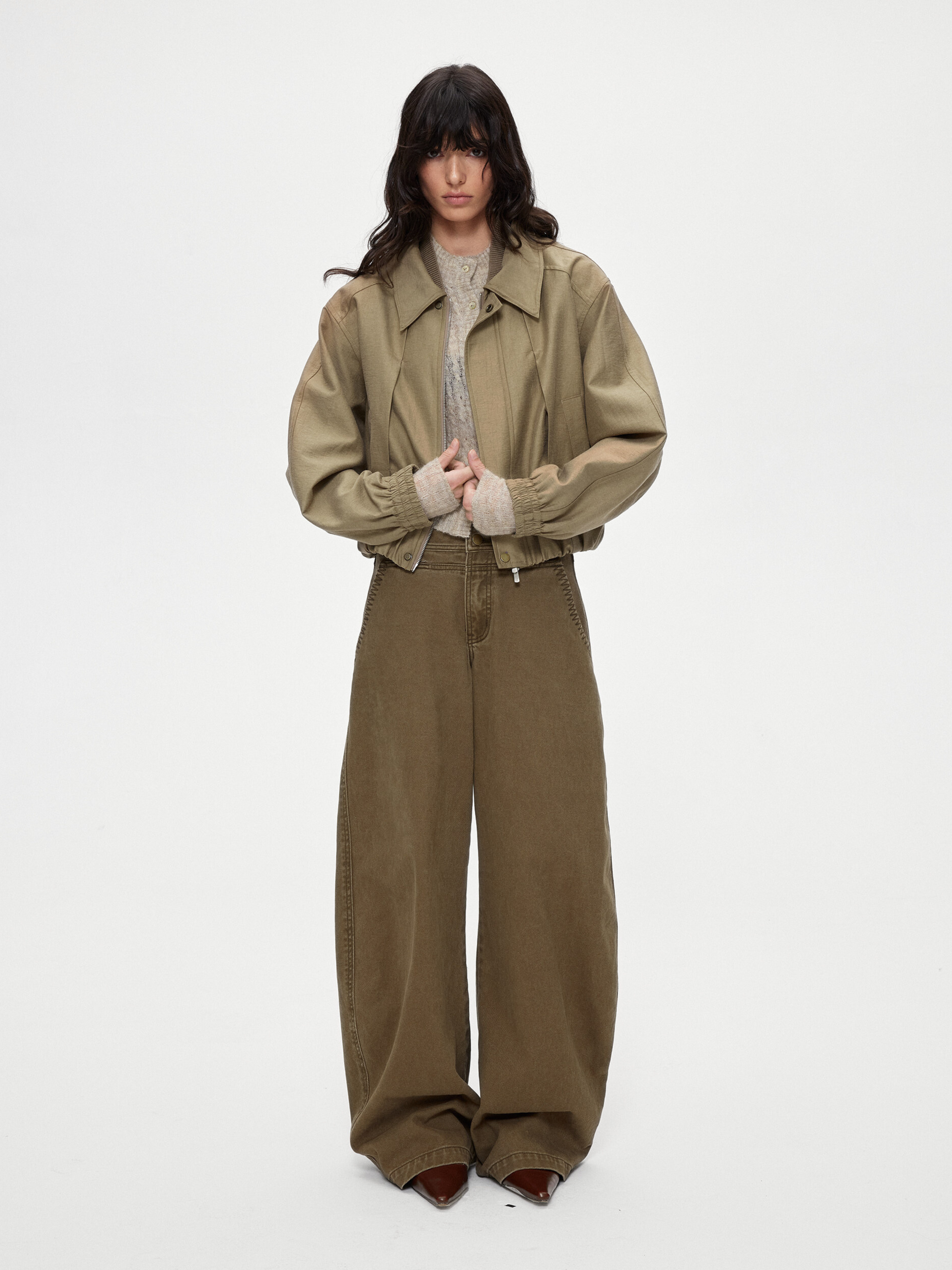 Ashgap - Women's Dual-Button Twill Cotton Curved-Leg Pants