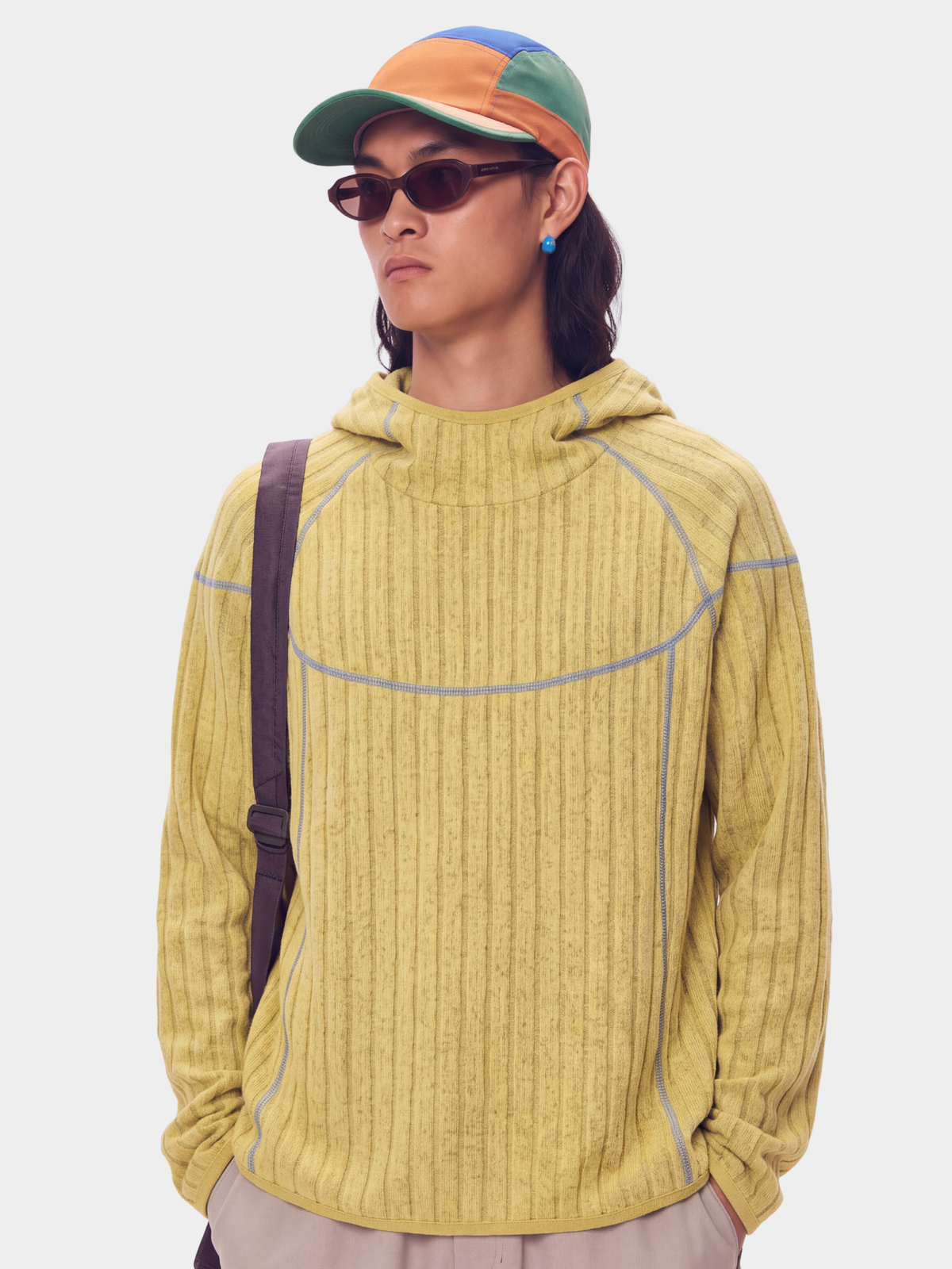 FlipHush - Textured Contrast-Stripe Hooded T-Shirt