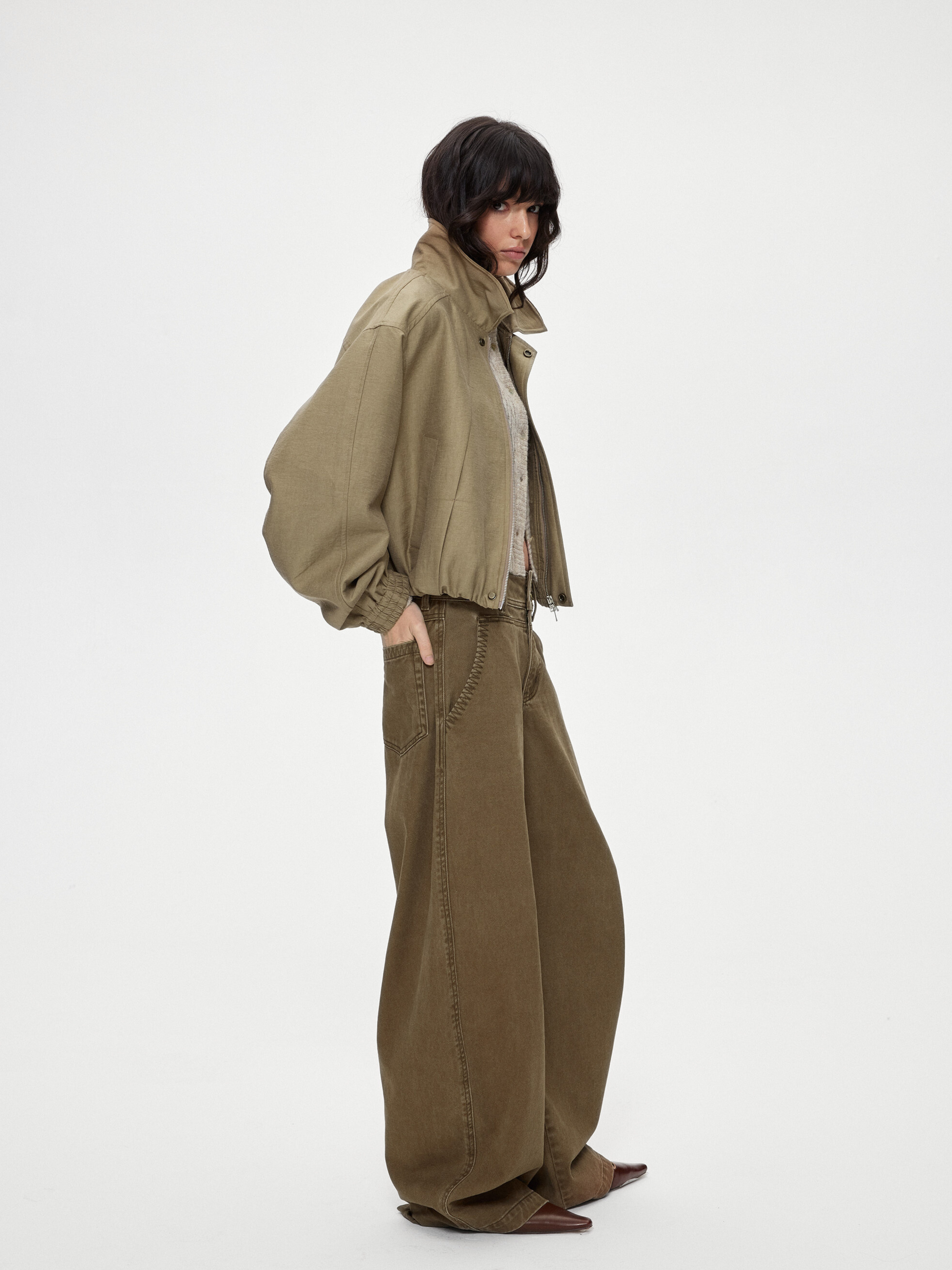 Ashgap - Women's Dual-Button Twill Cotton Curved-Leg Pants