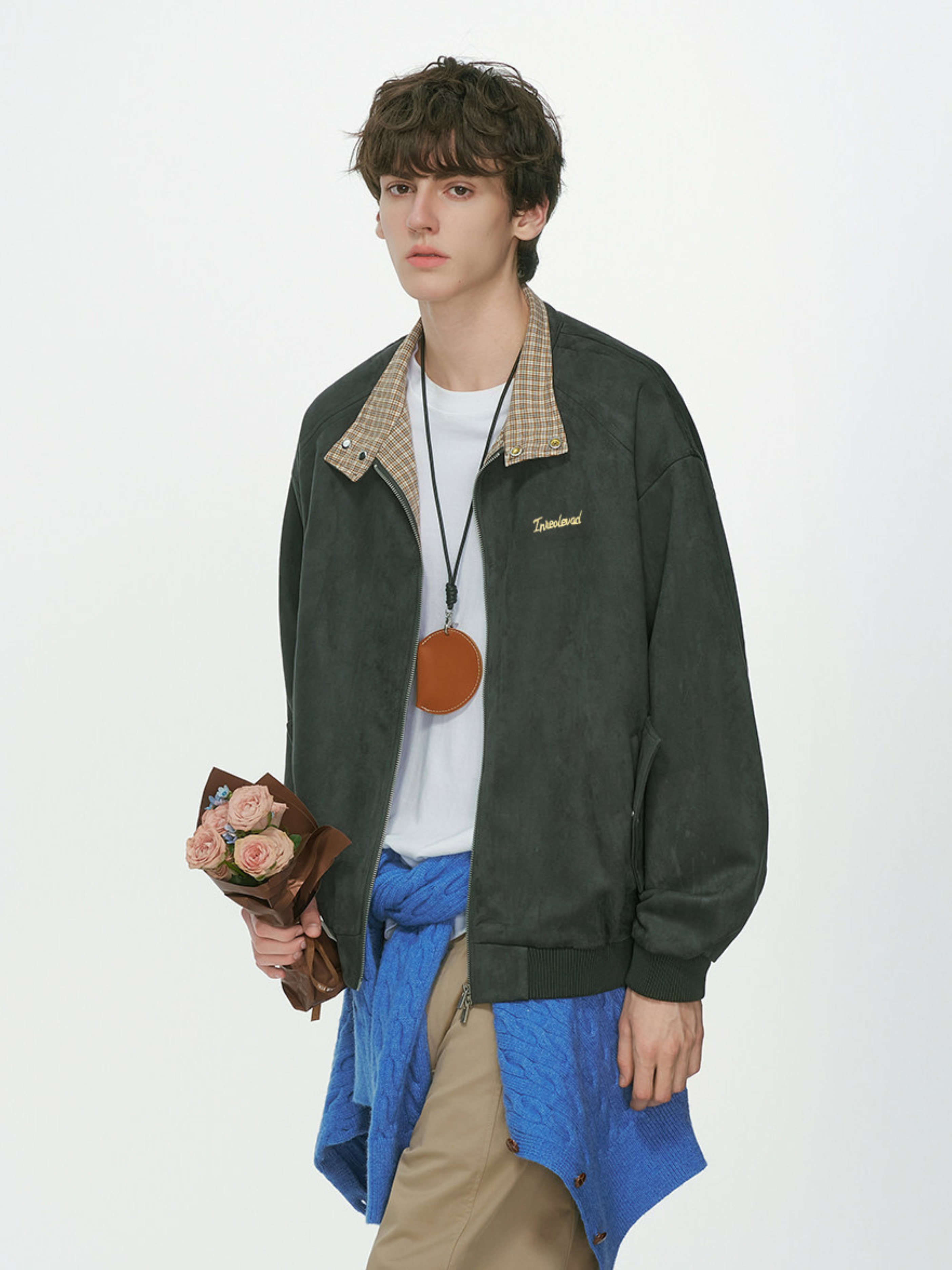 Cougarsong - Men's Check Panel Faux Suede Jacket