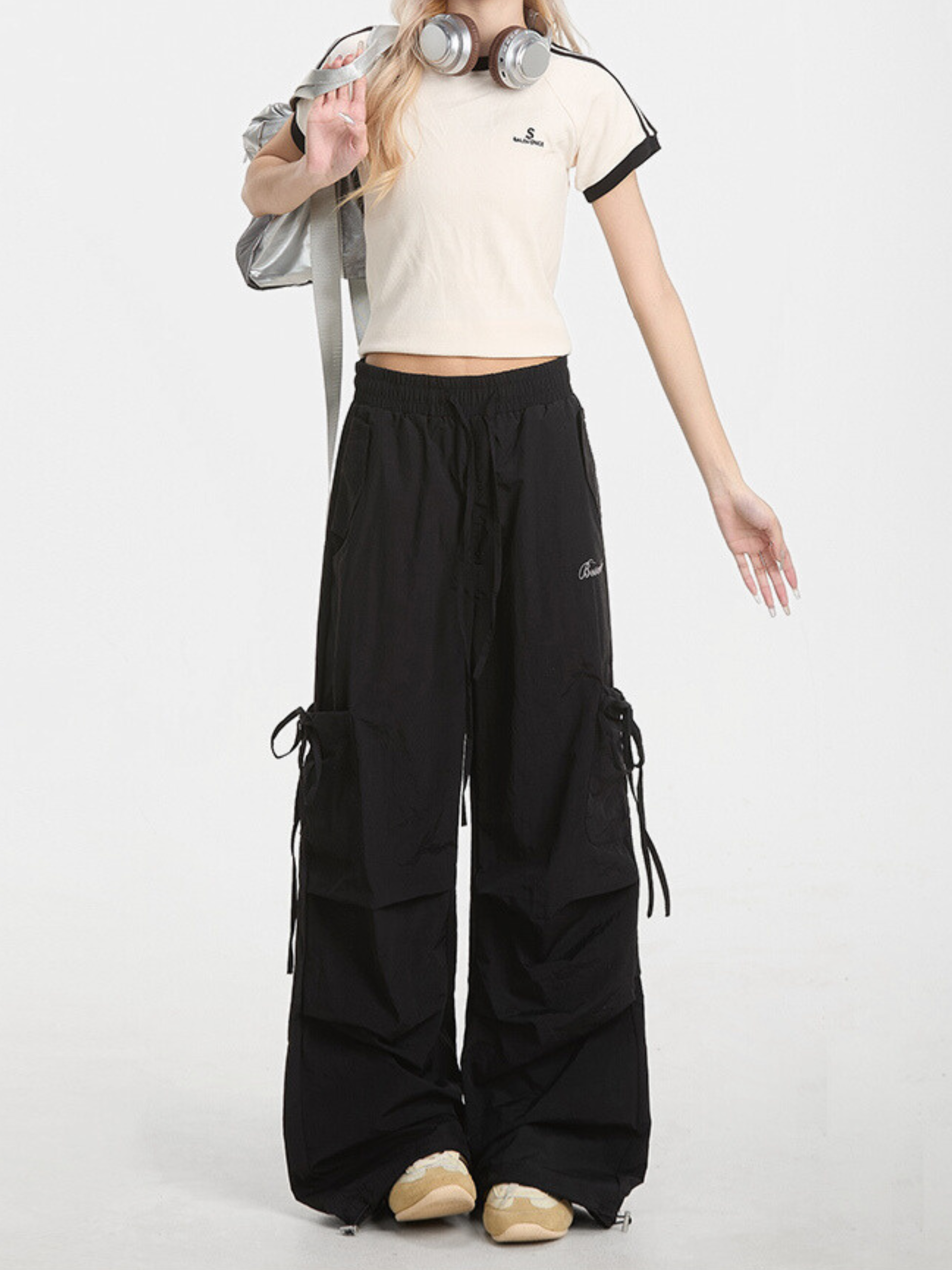 Aquarun - Women's Bow-Tie Strap Pleated Cargo Pants