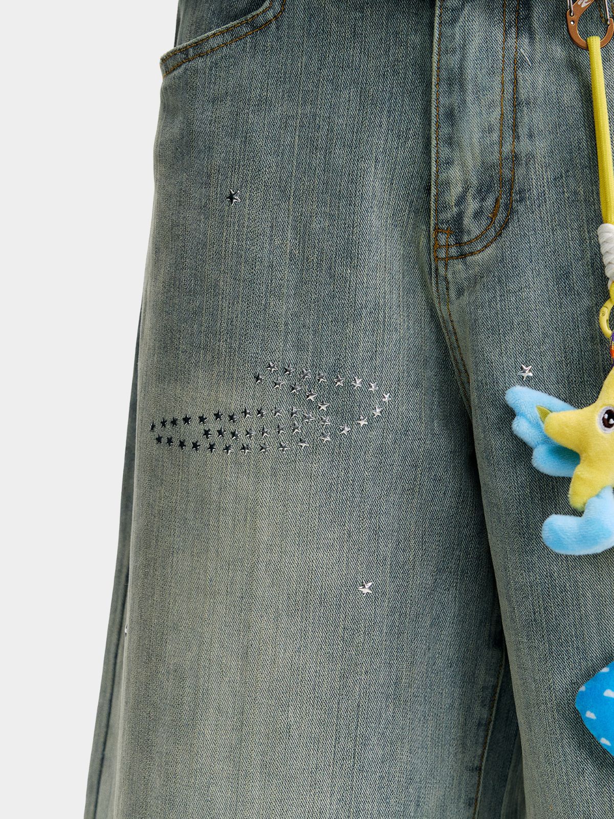Mudcrack - Unisex Breathable Rhinestone Star Washed Denim Jeans