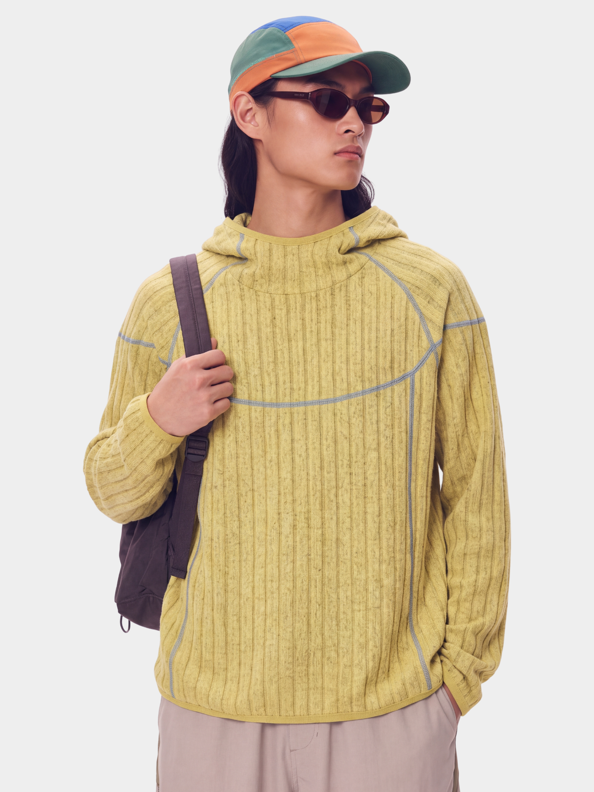 FlipHush - Textured Contrast-Stripe Hooded T-Shirt