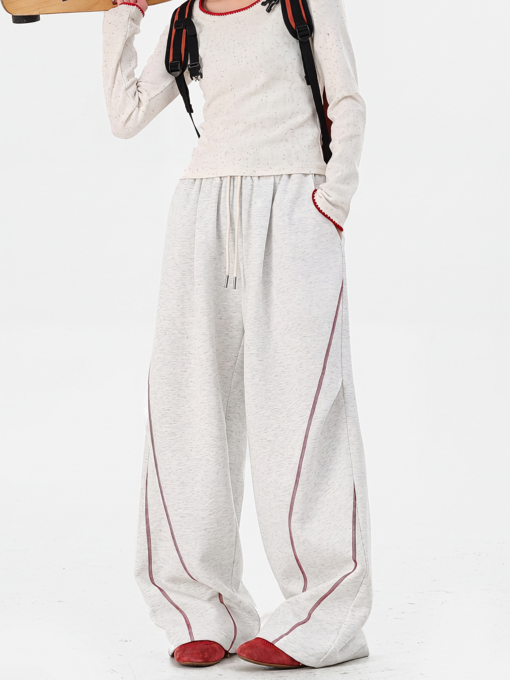 TraceSway - Women's Contrast Stitch Wide-Leg Pants