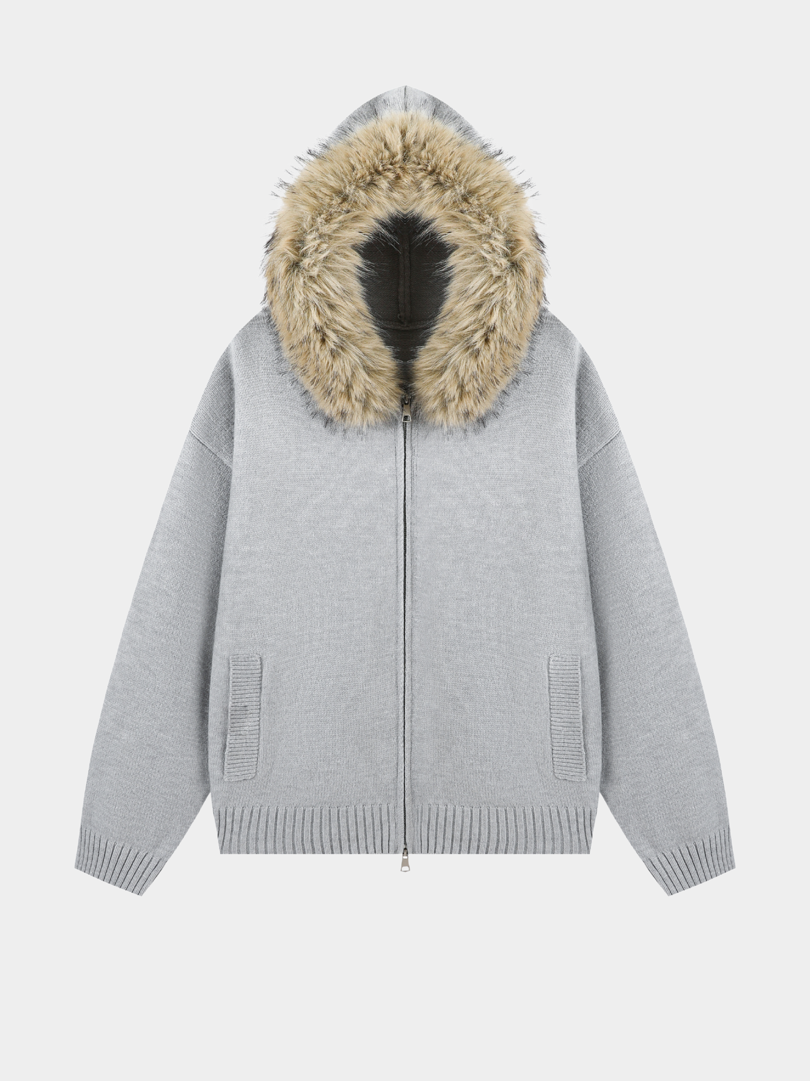 EchoPath - Unisex Solid Color Double Zipper Fur Collar Cardigan Jacket