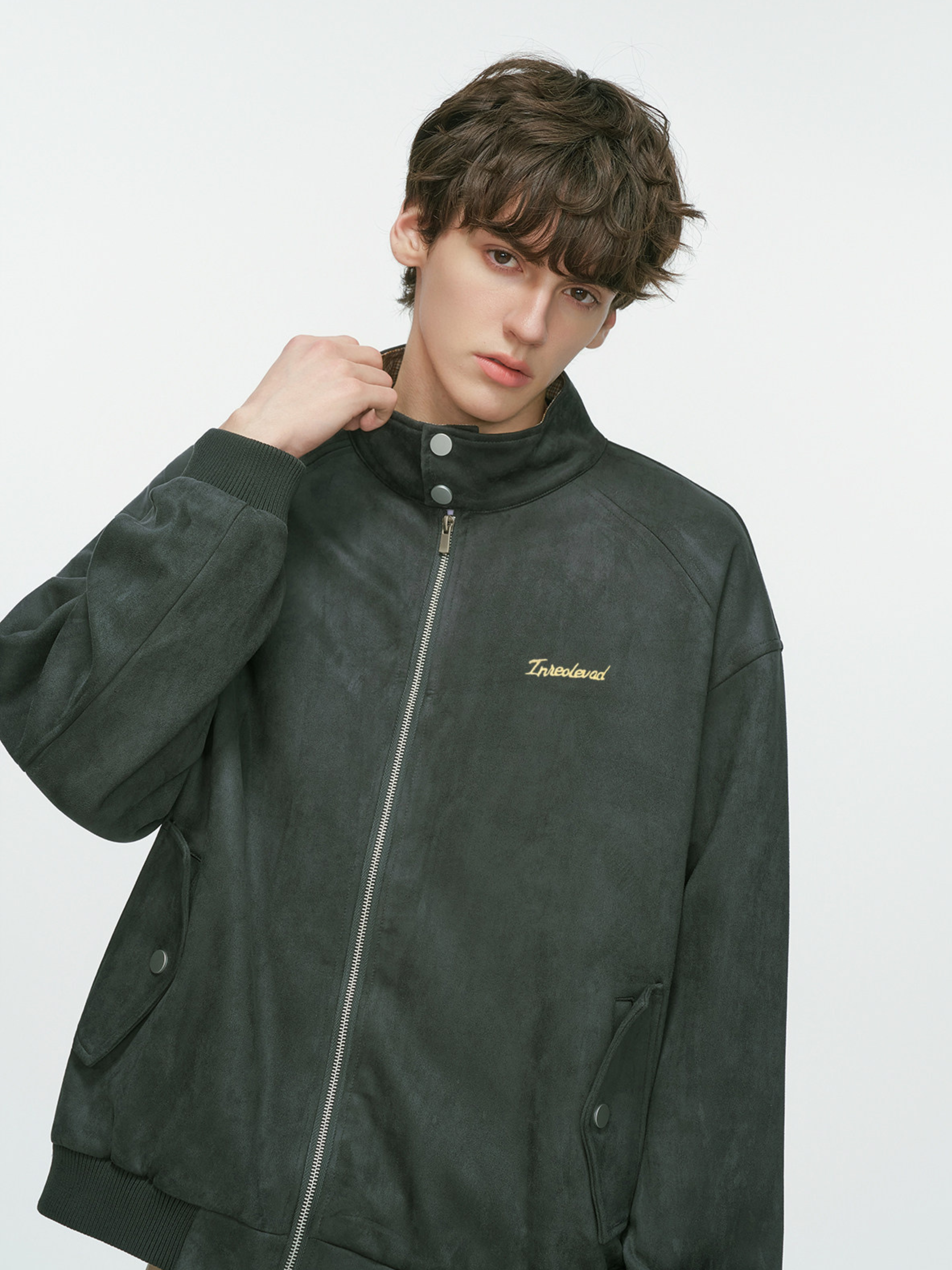 Cougarsong - Men's Check Panel Faux Suede Jacket