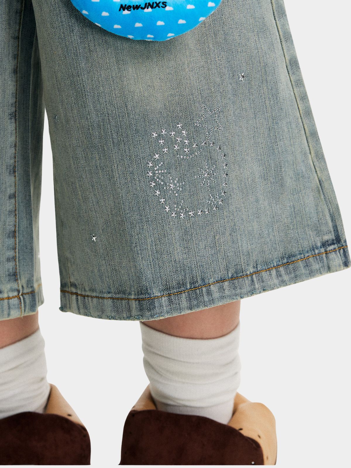 Mudcrack - Unisex Breathable Rhinestone Star Washed Denim Jeans