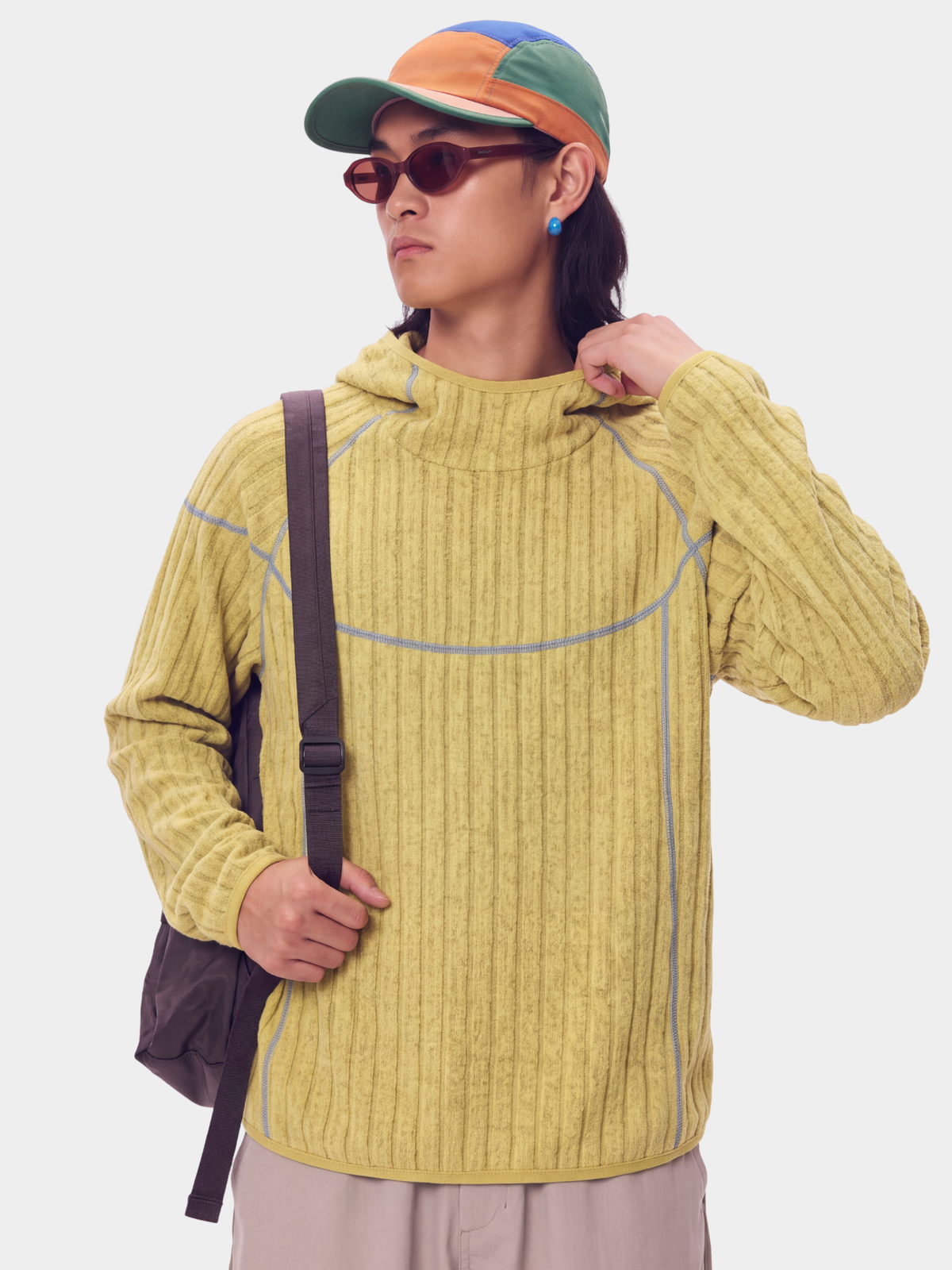 FlipHush - Textured Contrast-Stripe Hooded T-Shirt