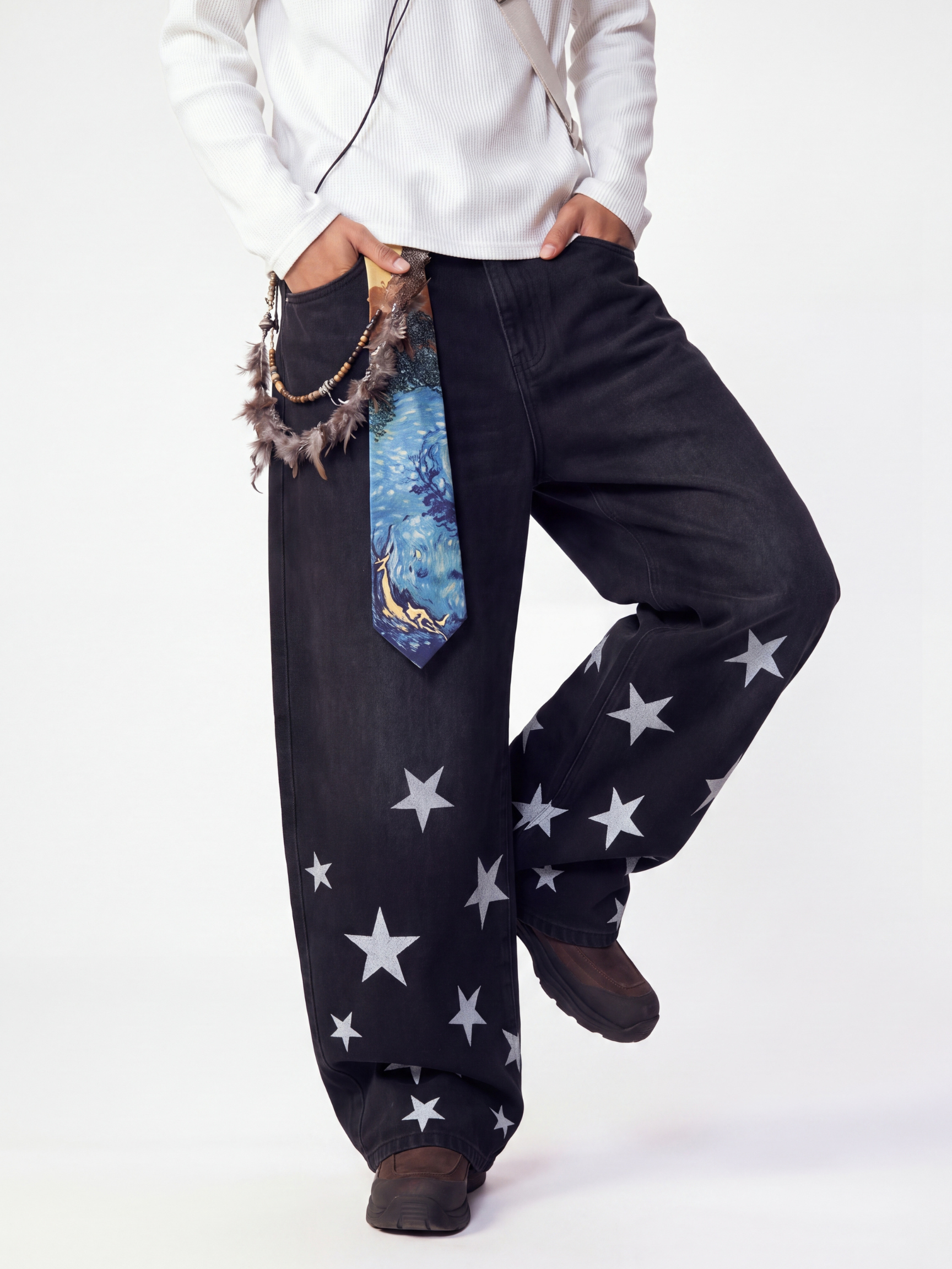 Fieldtrace - Unisex Washed Gradient Star-Print Baggy Jeans