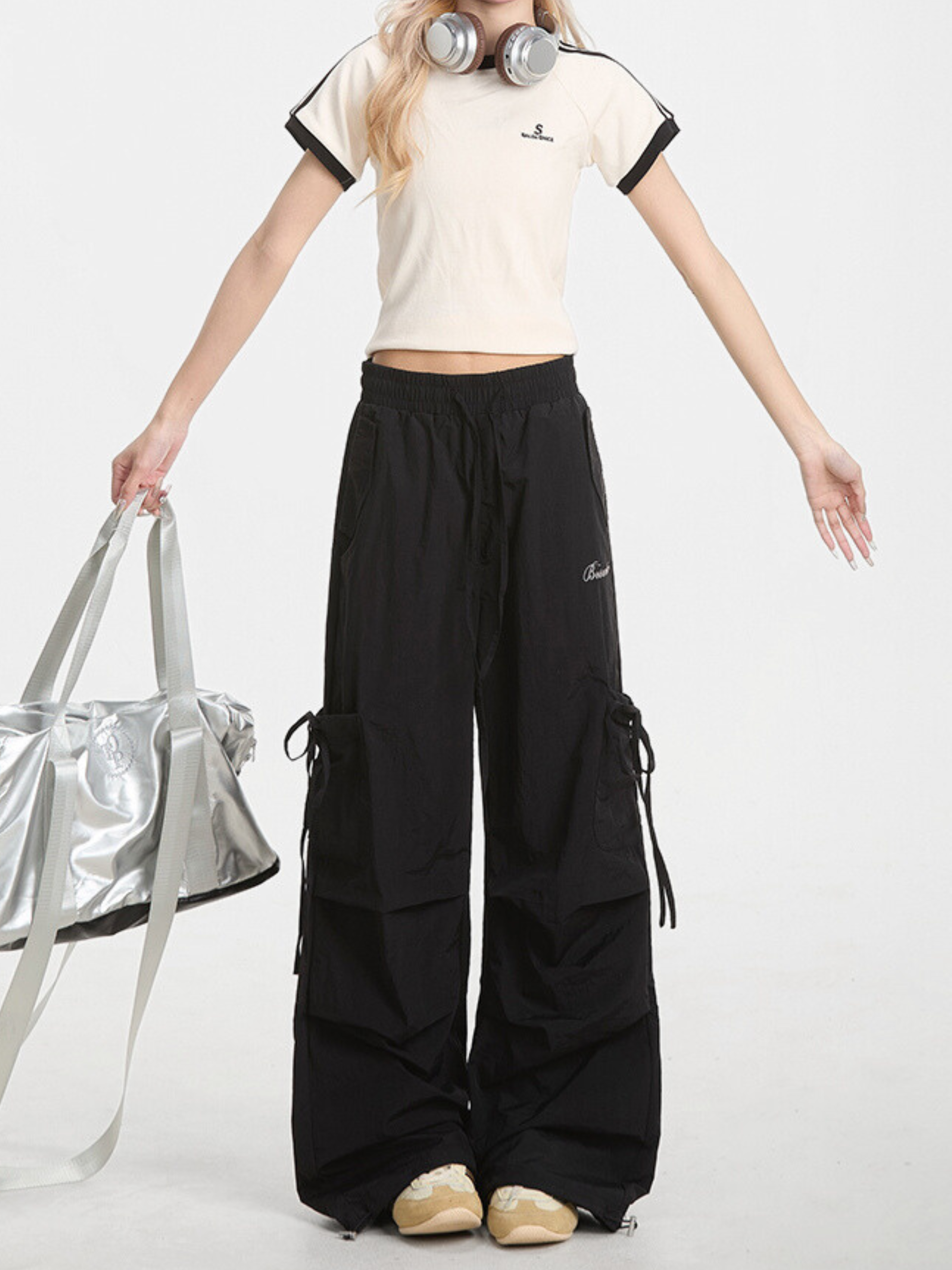 Aquarun - Women's Bow-Tie Strap Pleated Cargo Pants