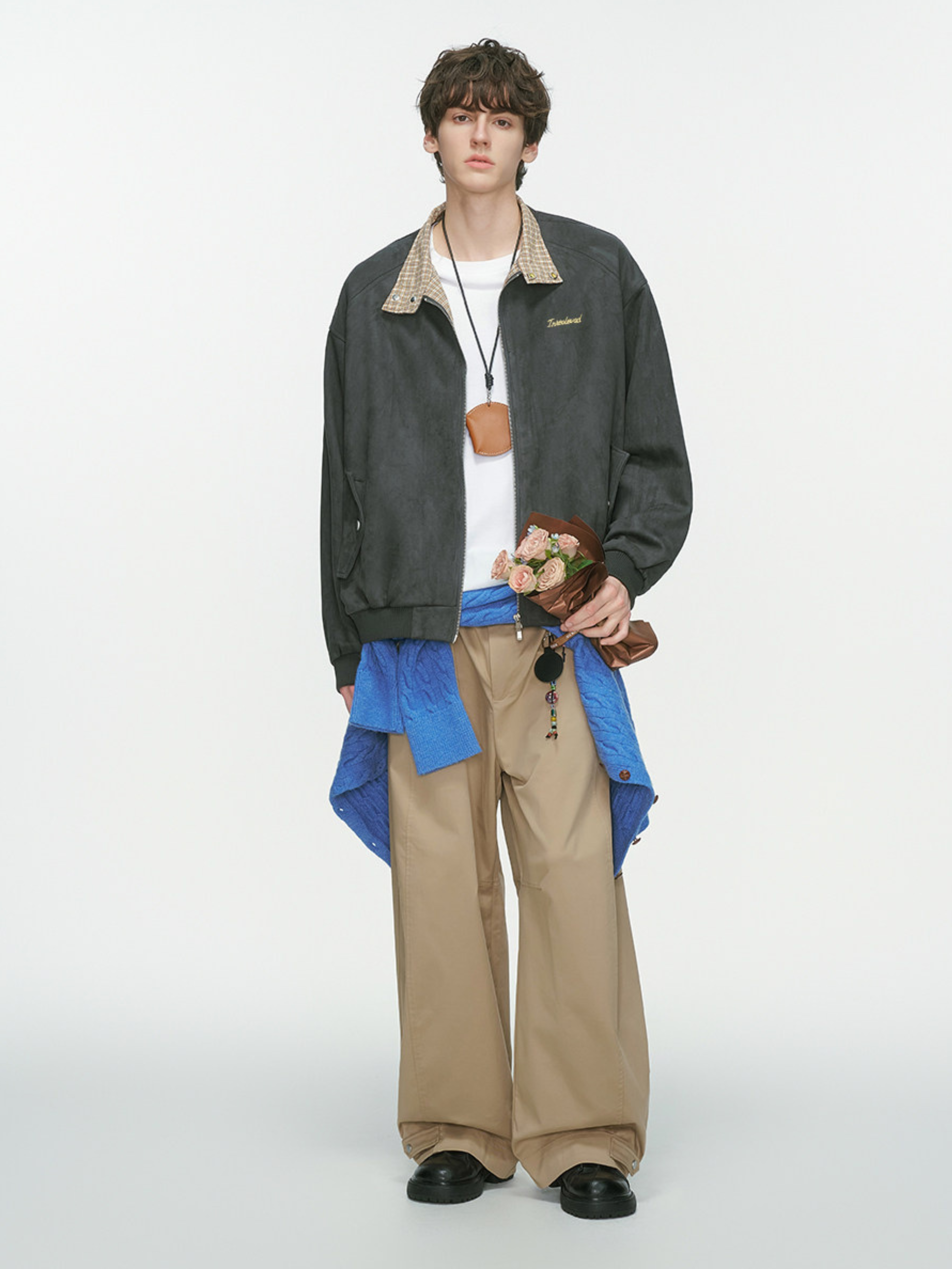 Cougarsong - Men's Check Panel Faux Suede Jacket