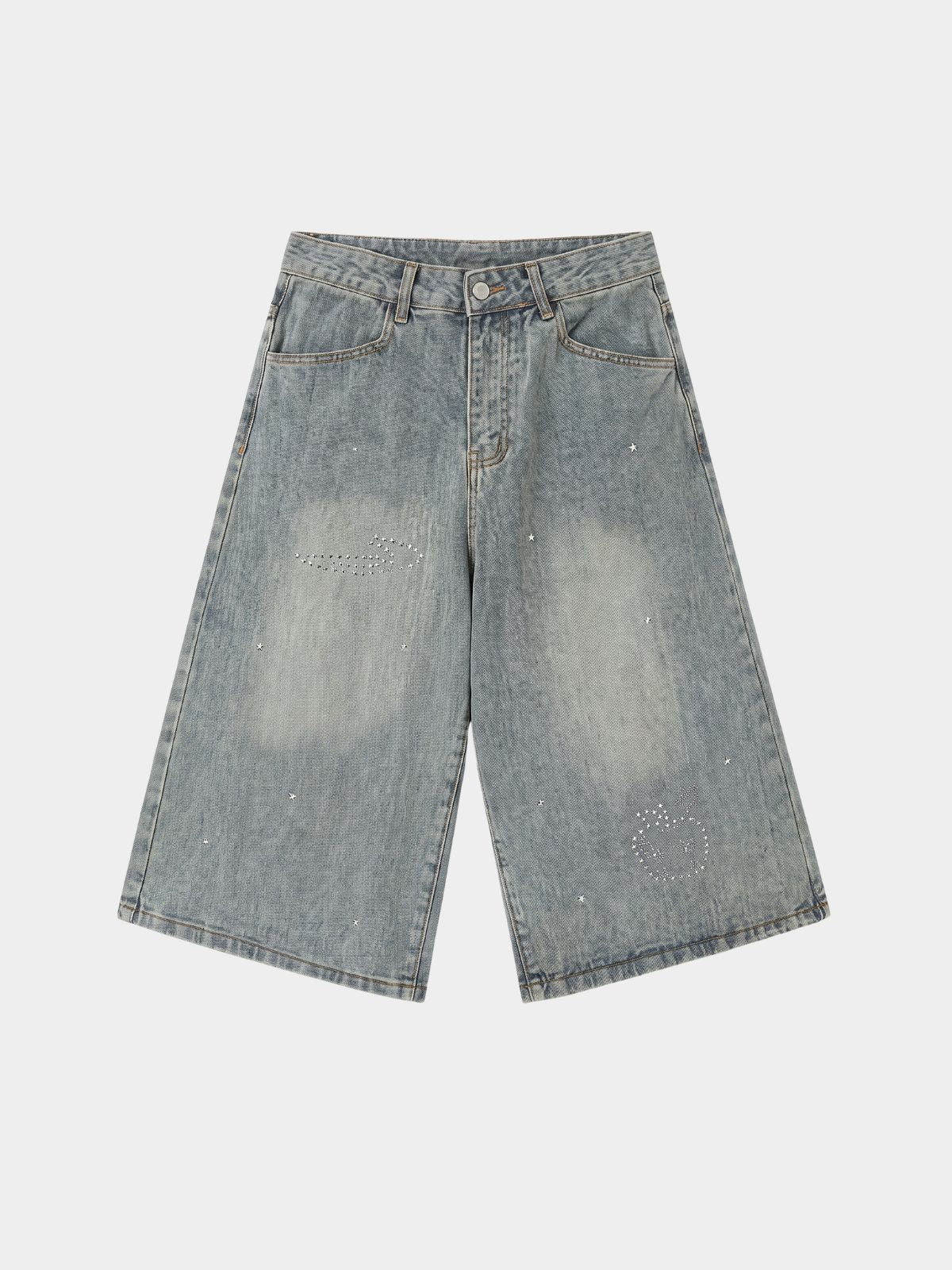 Mudcrack - Unisex Breathable Rhinestone Star Washed Denim Jeans
