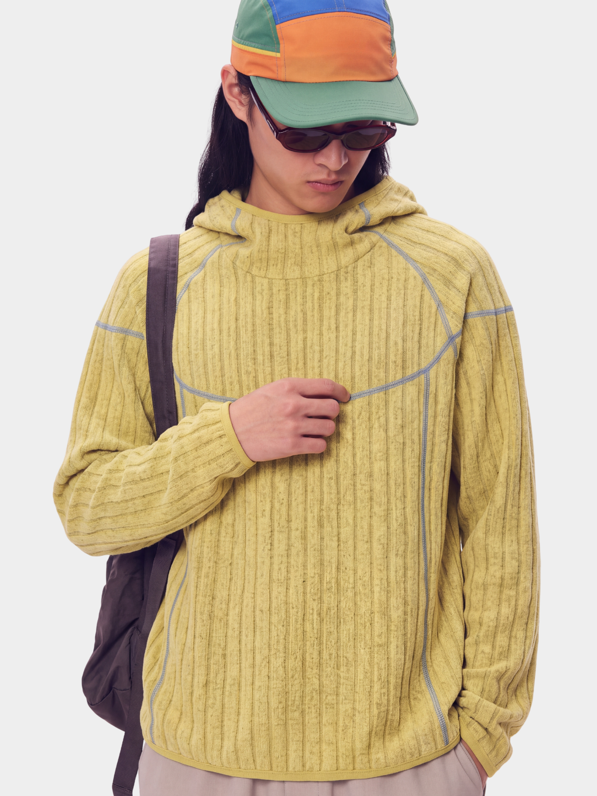 FlipHush - Textured Contrast-Stripe Hooded T-Shirt