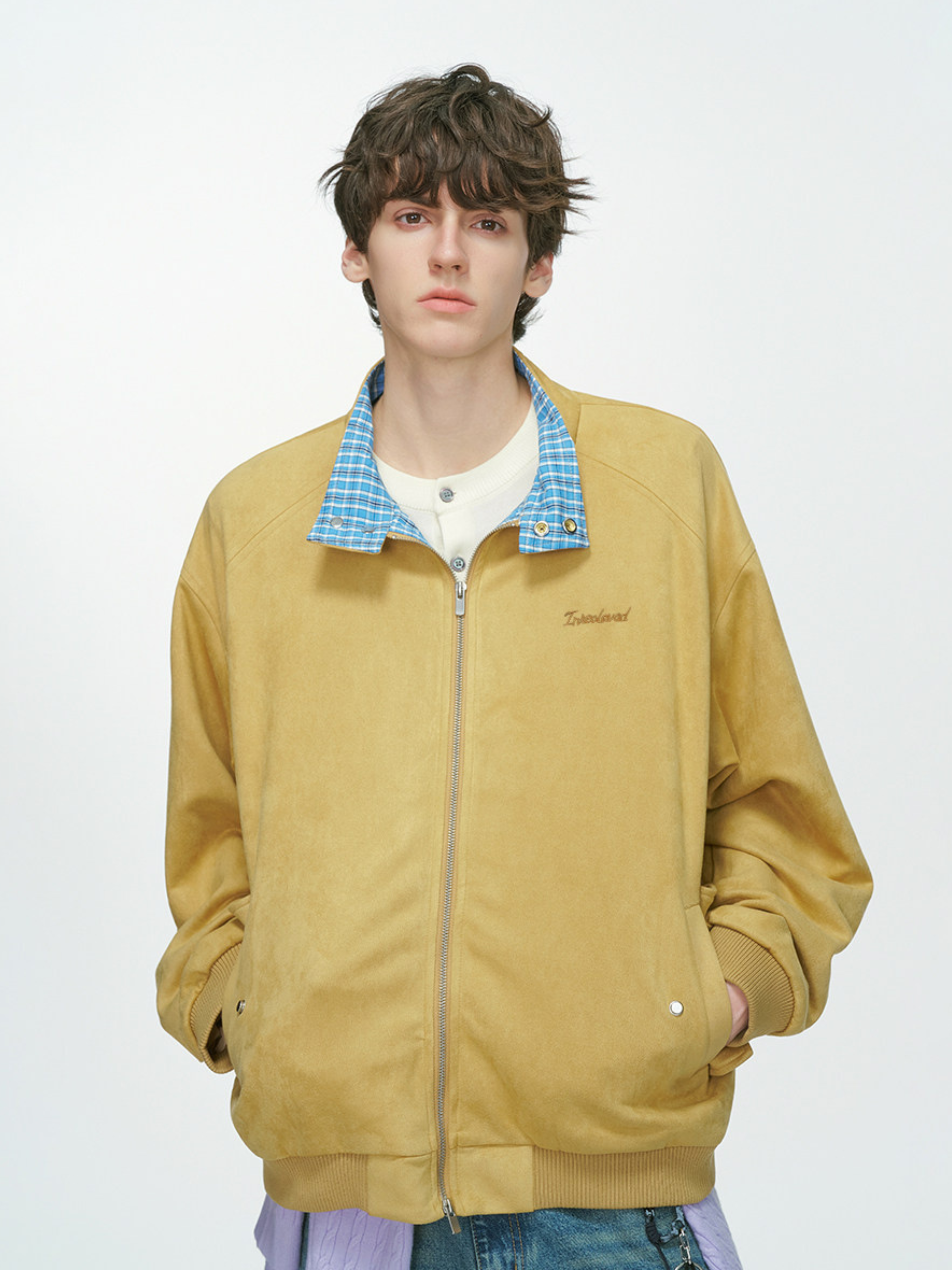 Cougarsong - Men's Check Panel Faux Suede Jacket