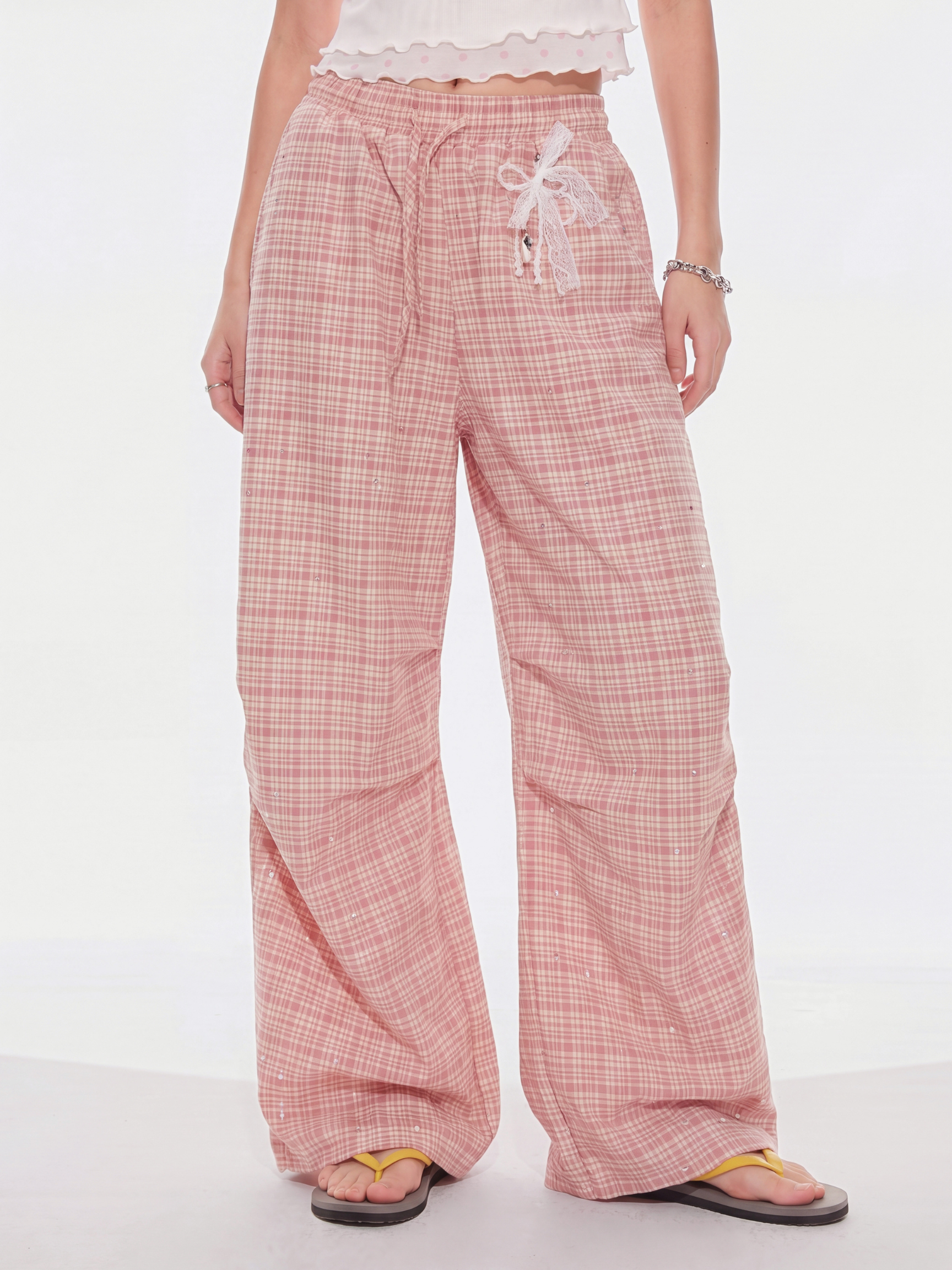 CupidFloat - Women's Plaid Rhinestone Embroidered Curved-Leg Pants