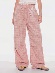 CupidFloat - Women's Plaid Rhinestone Embroidered Curved-Leg Pants