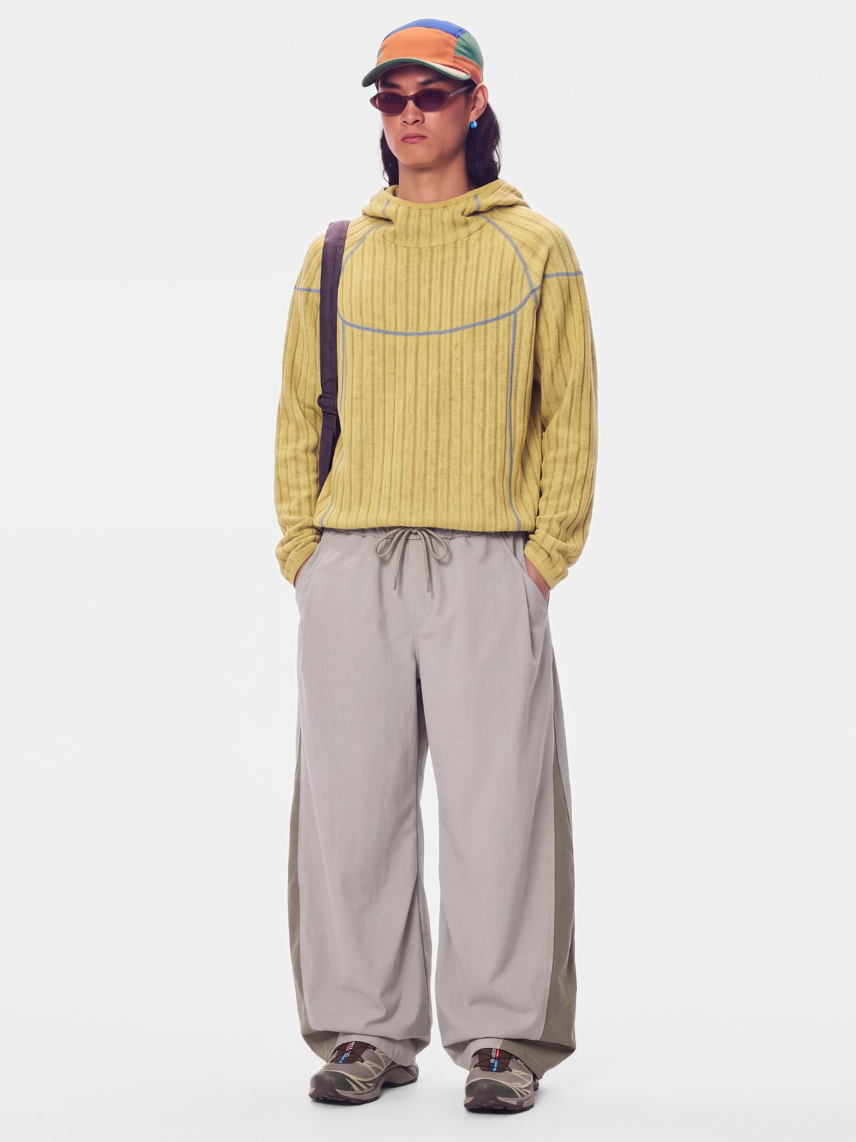 FlipHush - Textured Contrast-Stripe Hooded T-Shirt