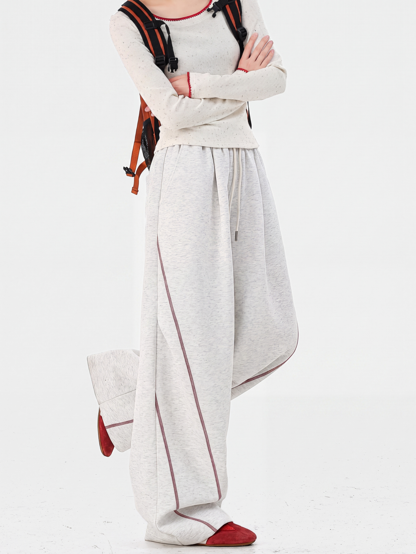 TraceSway - Women's Contrast Stitch Wide-Leg Pants